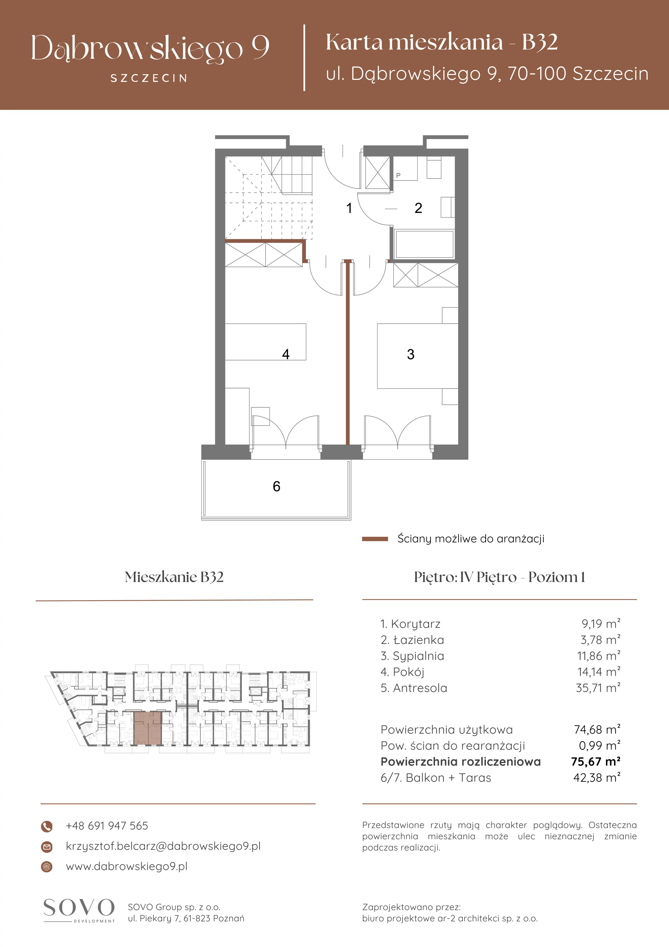 3 pokoje, mieszkanie 74,68 m², piętro 4, oferta nr B32, Dąbrowskiego 9, Szczecin, Zachód, ul. Dąbrowskiego / Piekary