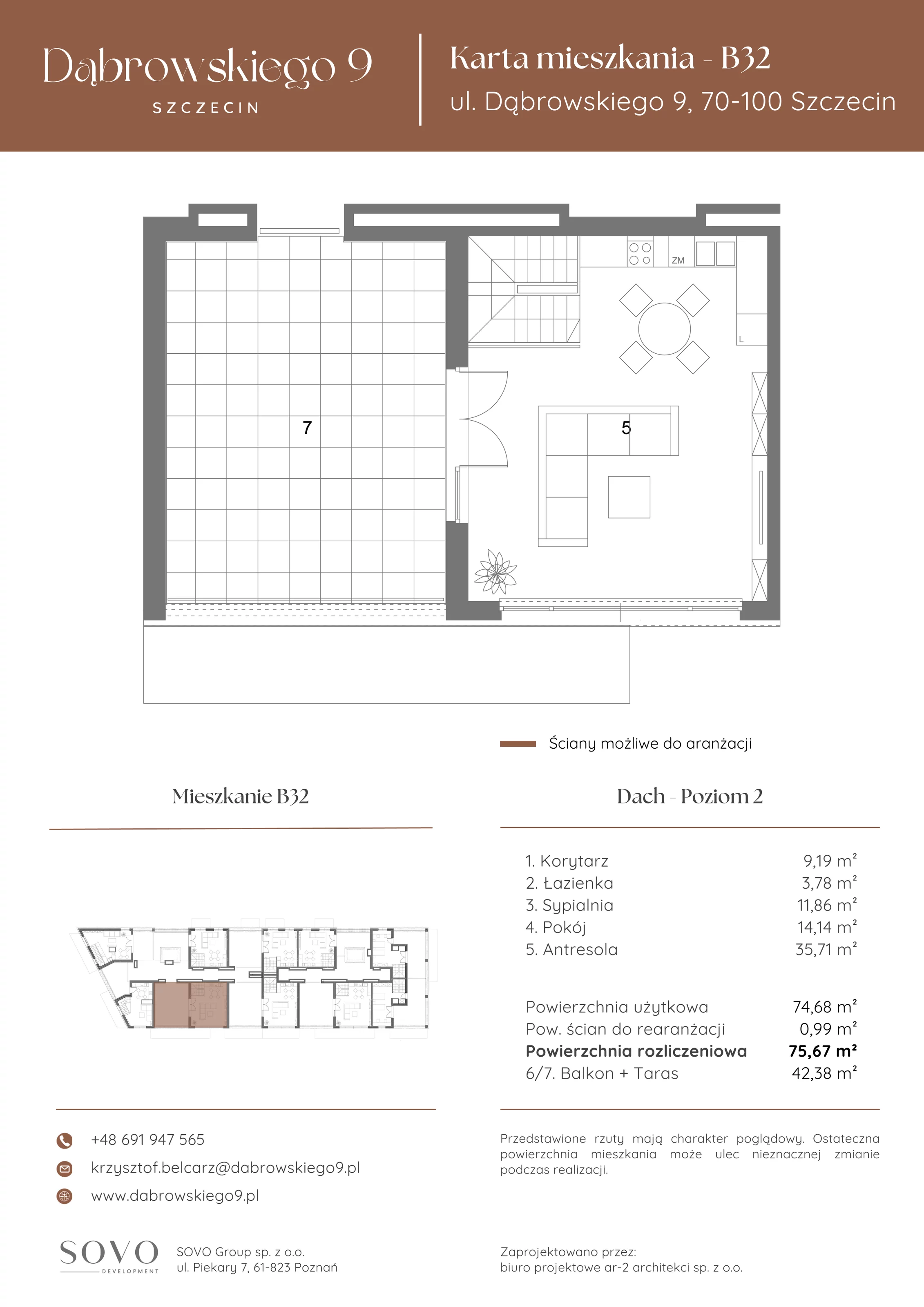 3 pokoje, mieszkanie 74,68 m², piętro 4, oferta nr B32, Dąbrowskiego 9, Szczecin, Zachód, ul. Dąbrowskiego / Piekary