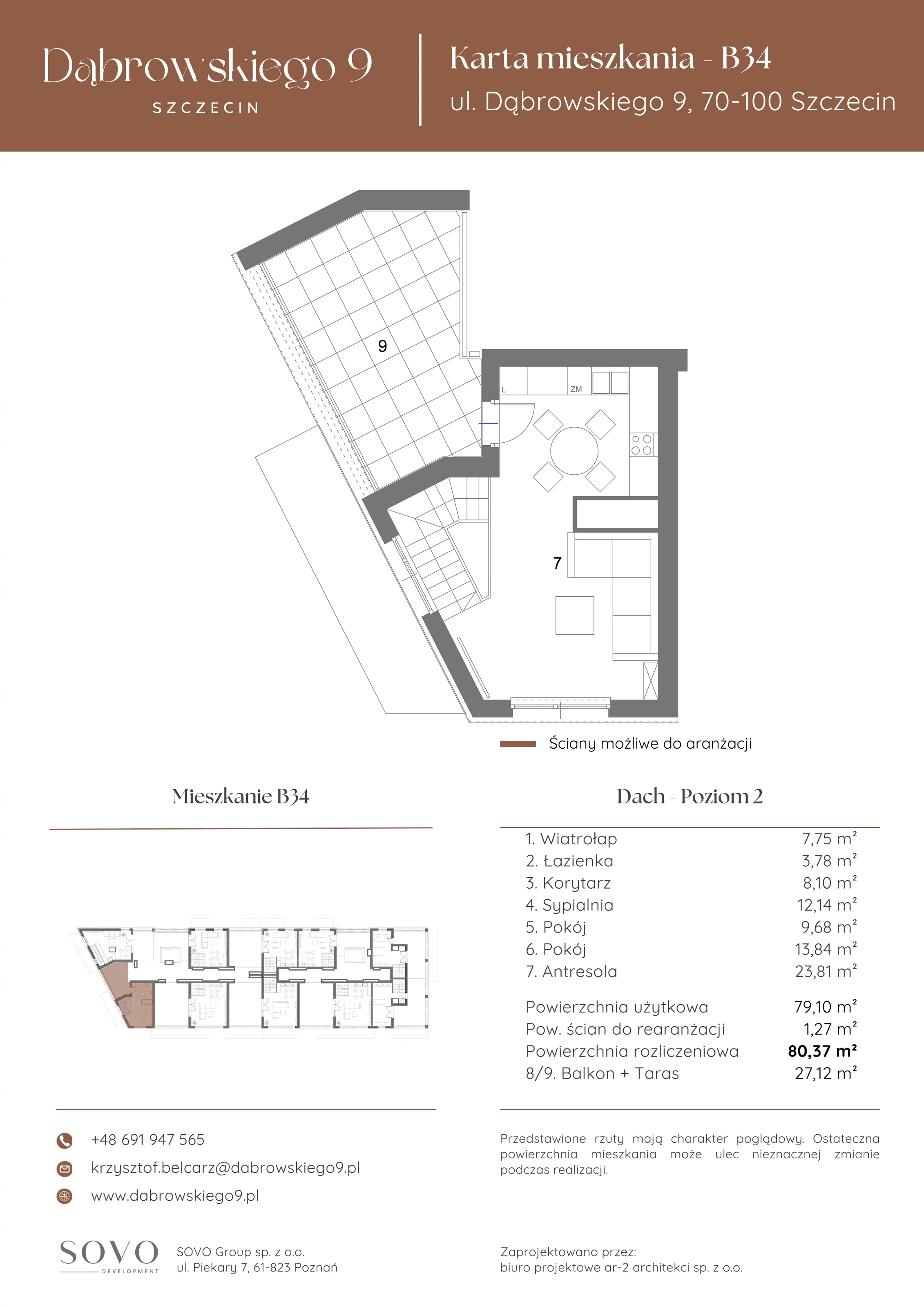 4 pokoje, penthouse 79,10 m², piętro 4, oferta nr B34, Dąbrowskiego 9, Szczecin, Zachód, ul. Dąbrowskiego / Piekary