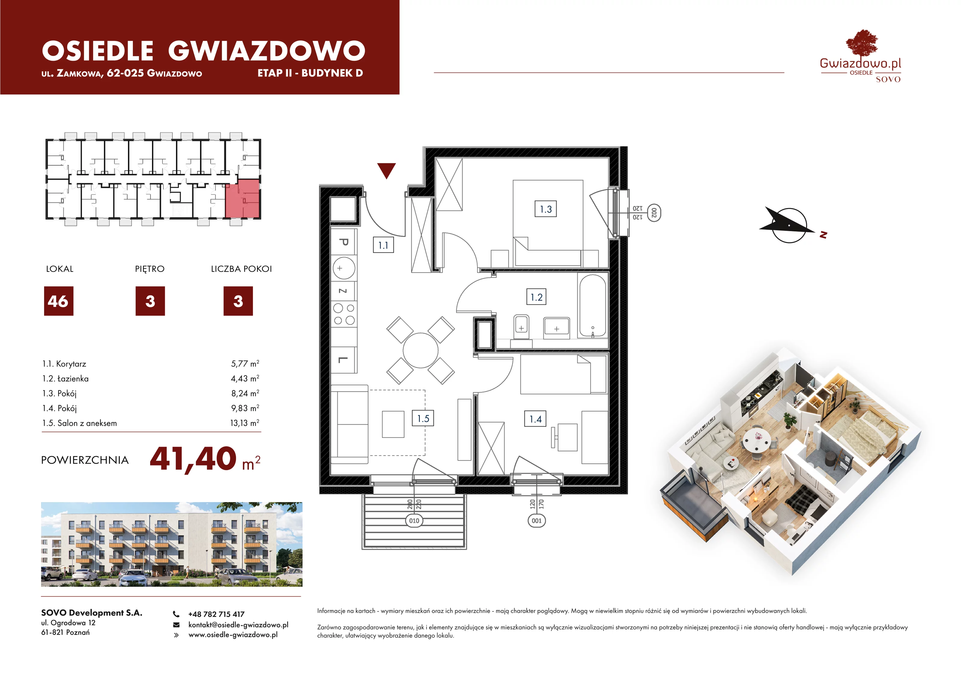 3 pokoje, mieszkanie 41,40 m², piętro 3, oferta nr D46, Osiedle Gwiazdowo, Gwiazdowo, ul. Mikołaja Kopernika