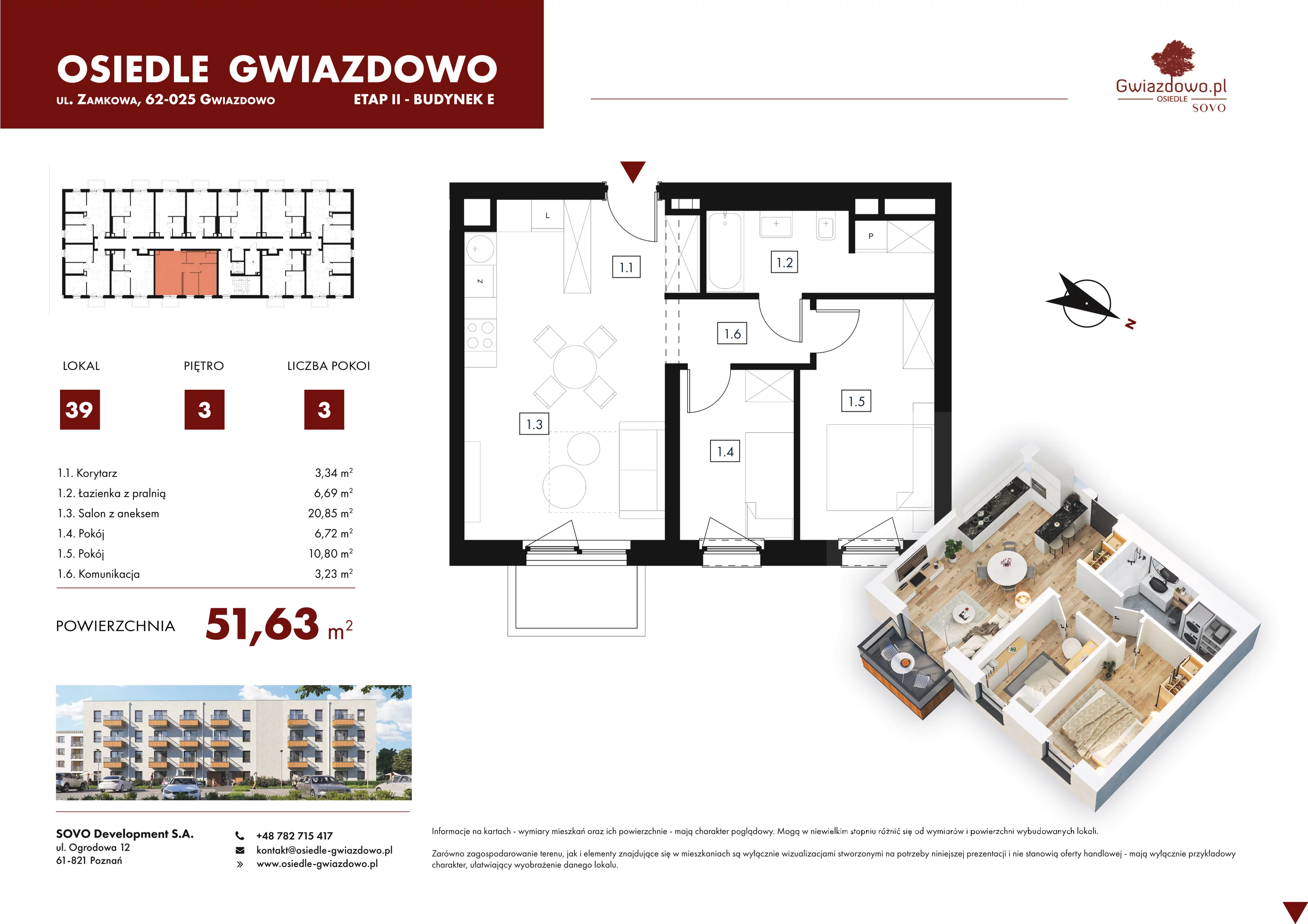 3 pokoje, mieszkanie 51,63 m², piętro 3, oferta nr E39, Osiedle Gwiazdowo, Gwiazdowo, ul. Mikołaja Kopernika