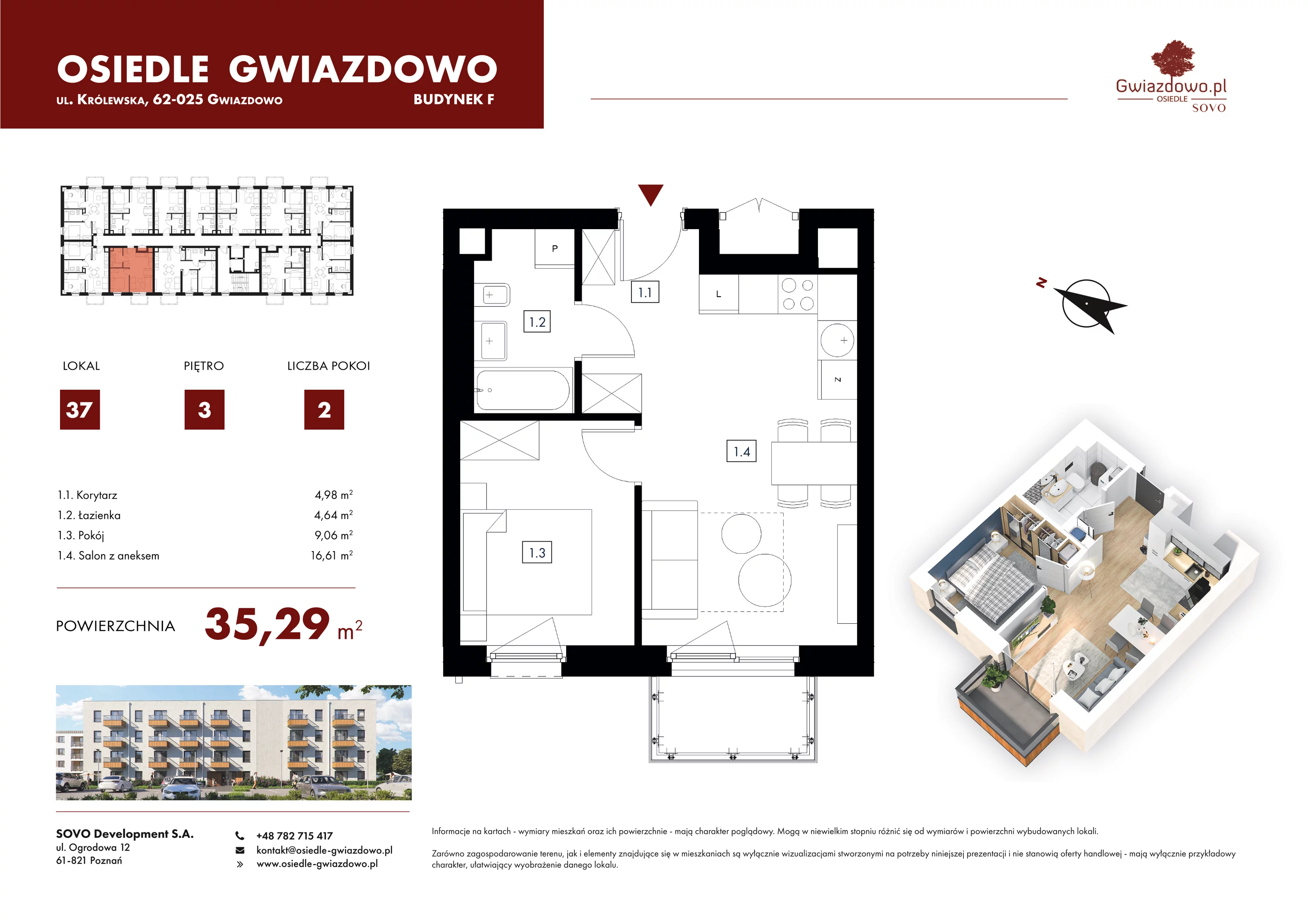 Mieszkanie 35,29 m², piętro 3, oferta nr F37, Osiedle Gwiazdowo, Gwiazdowo, ul. Mikołaja Kopernika