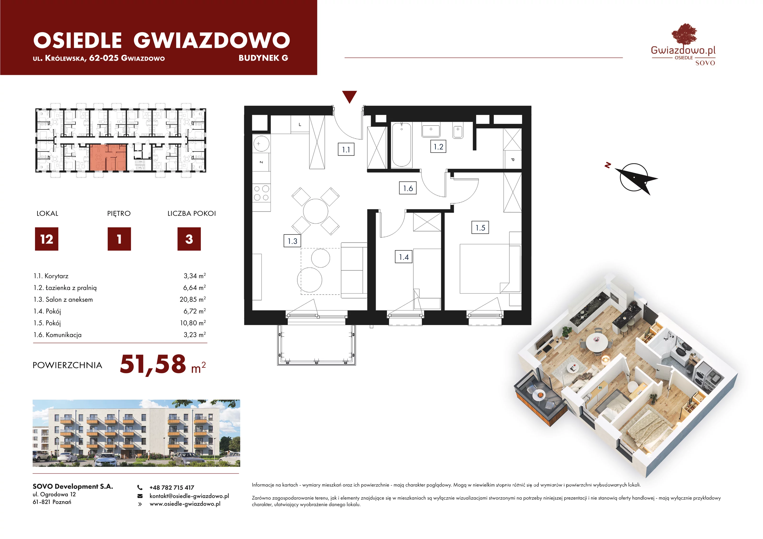 3 pokoje, mieszkanie 51,58 m², piętro 1, oferta nr G12, Osiedle Gwiazdowo, Gwiazdowo, ul. Mikołaja Kopernika