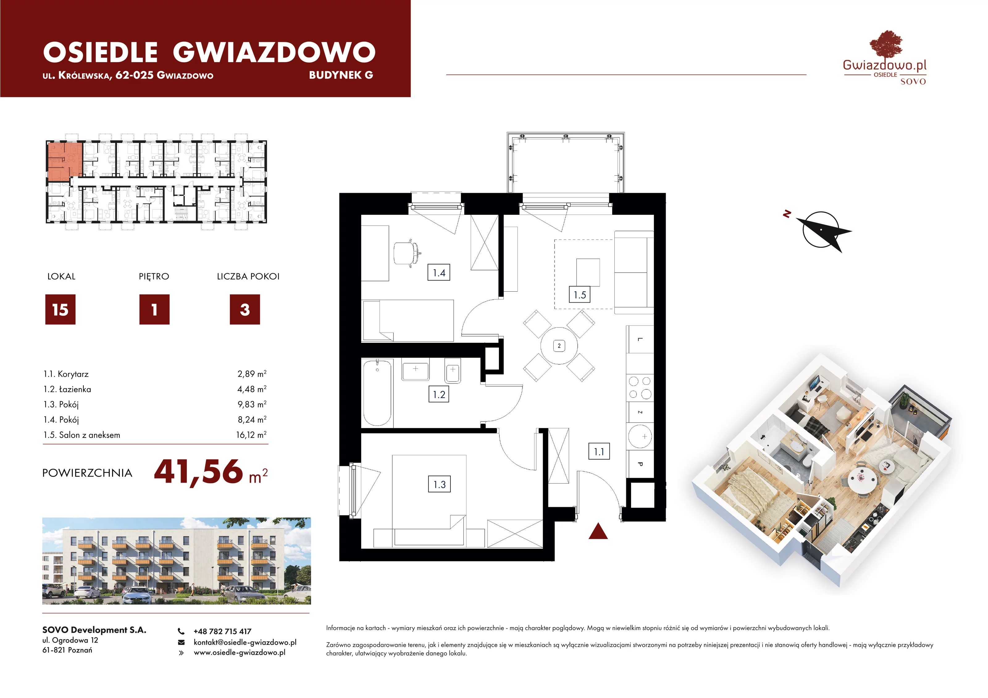 3 pokoje, mieszkanie 41,56 m², piętro 1, oferta nr G15, Osiedle Gwiazdowo, Gwiazdowo, ul. Mikołaja Kopernika
