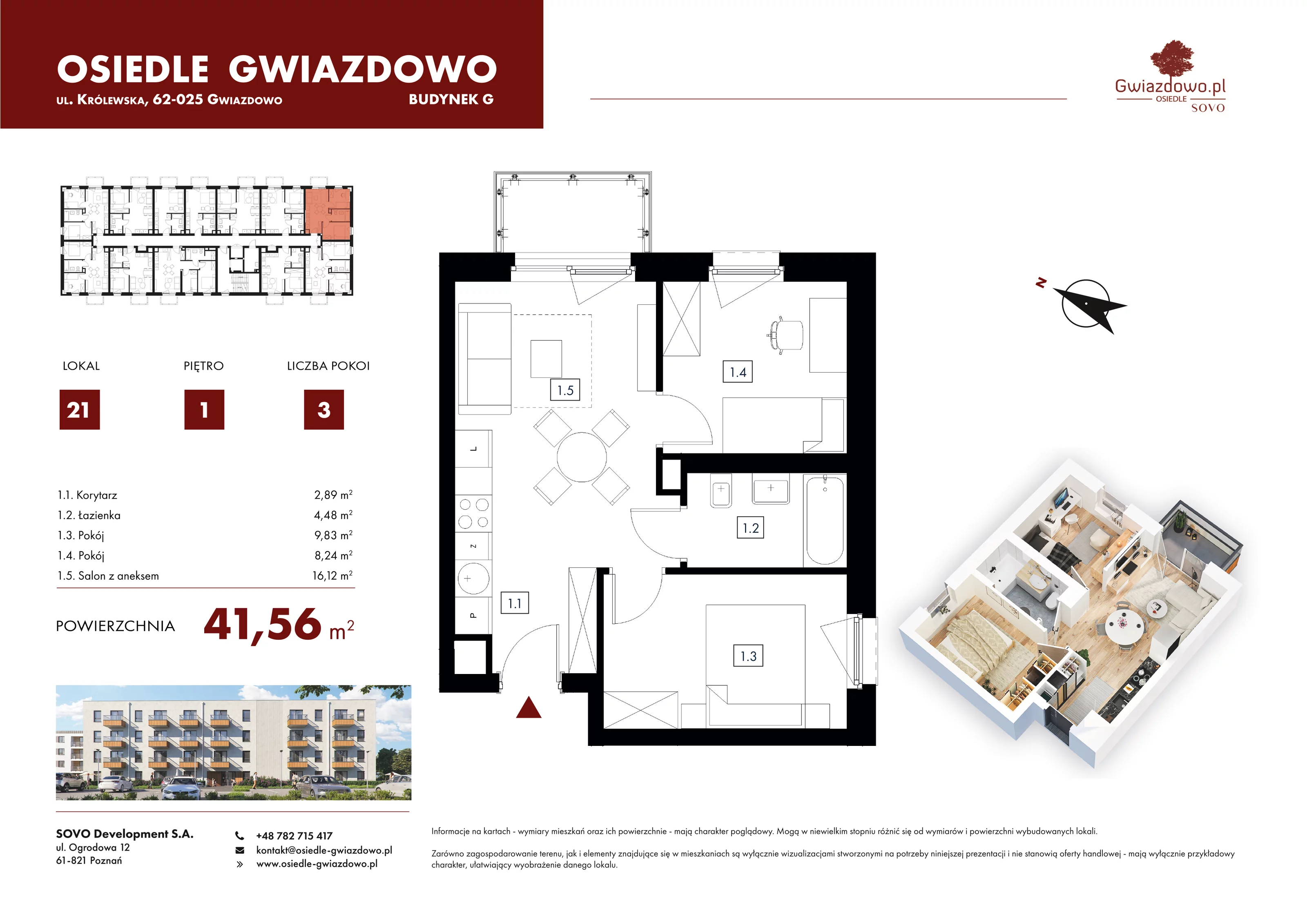 3 pokoje, mieszkanie 41,56 m², piętro 1, oferta nr G21, Osiedle Gwiazdowo, Gwiazdowo, ul. Mikołaja Kopernika