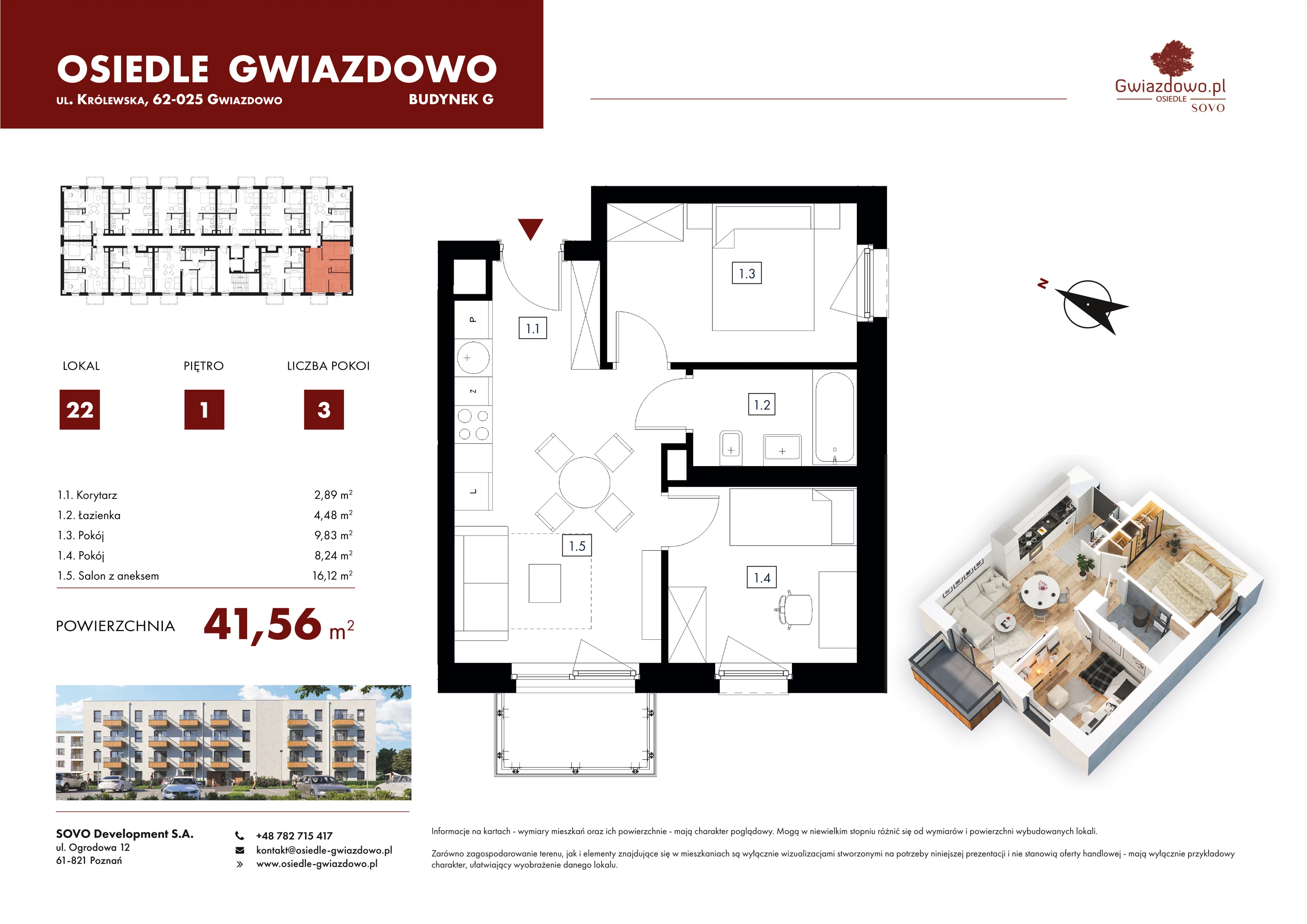 3 pokoje, mieszkanie 41,56 m², piętro 1, oferta nr G22, Osiedle Gwiazdowo, Gwiazdowo, ul. Mikołaja Kopernika
