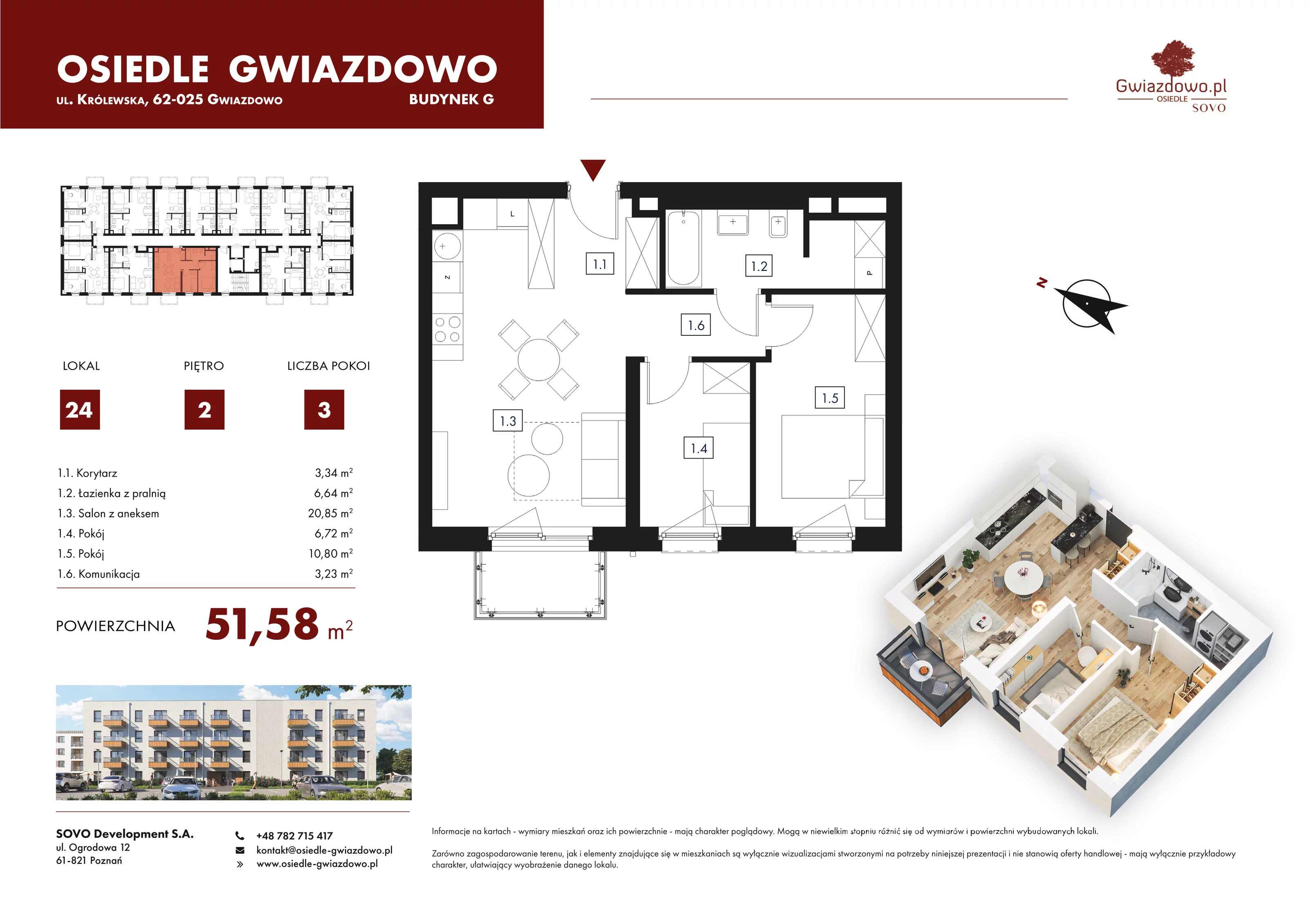 3 pokoje, mieszkanie 51,58 m², piętro 2, oferta nr G24, Osiedle Gwiazdowo, Gwiazdowo, ul. Mikołaja Kopernika
