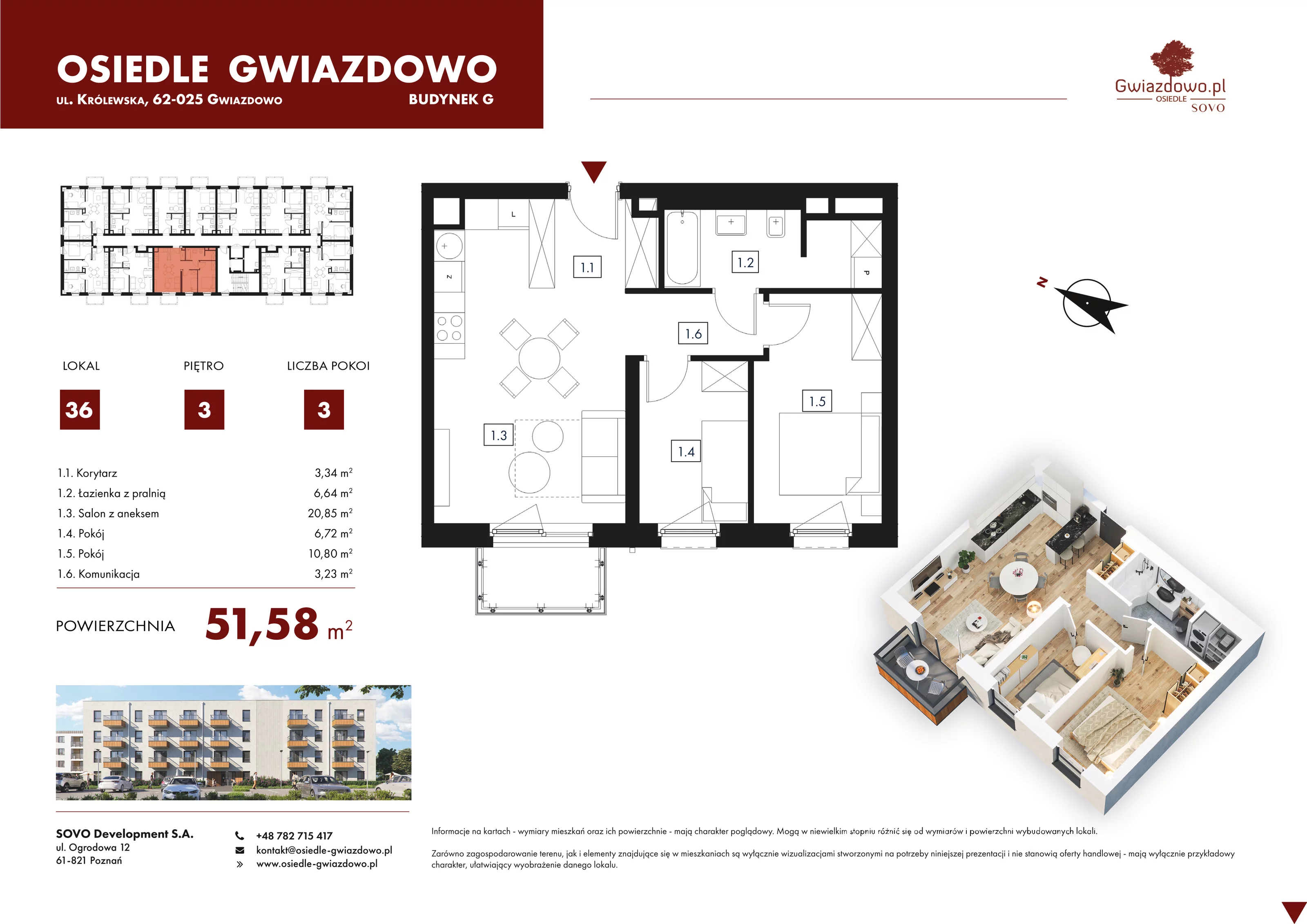 3 pokoje, mieszkanie 51,58 m², piętro 3, oferta nr G36, Osiedle Gwiazdowo, Gwiazdowo, ul. Mikołaja Kopernika