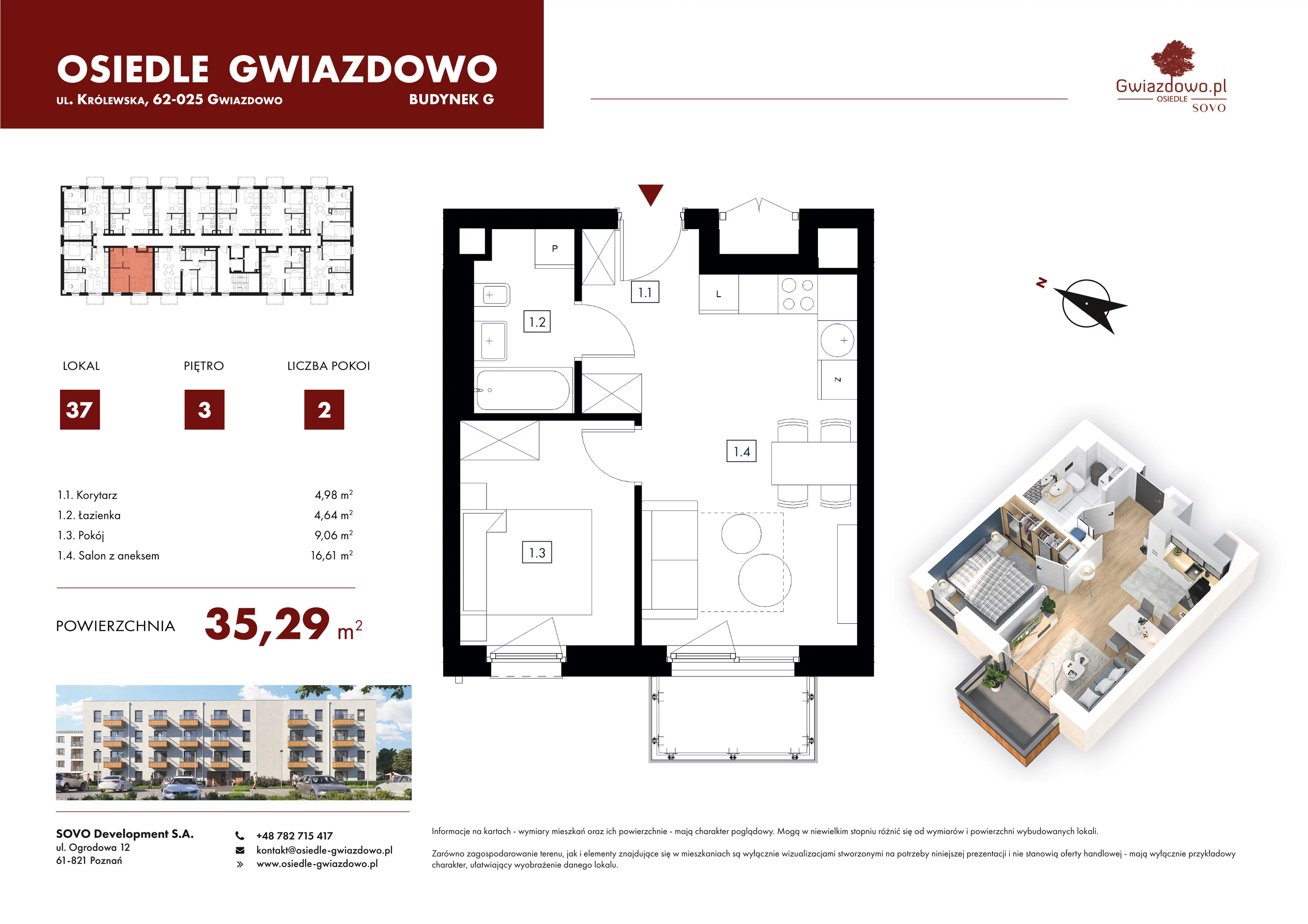 2 pokoje, mieszkanie 35,29 m², piętro 3, oferta nr G37, Osiedle Gwiazdowo, Gwiazdowo, ul. Mikołaja Kopernika