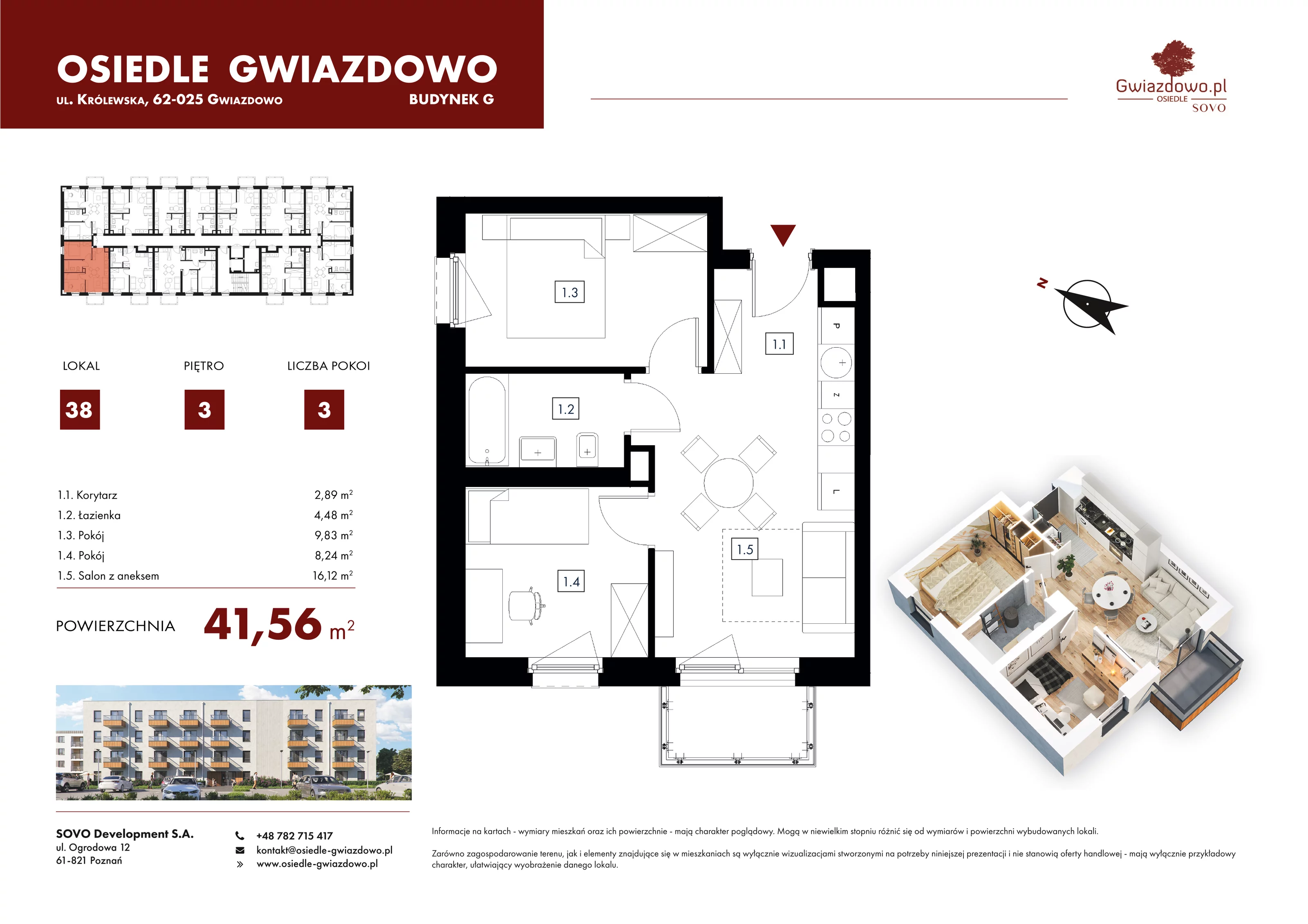 3 pokoje, mieszkanie 41,56 m², piętro 3, oferta nr G38, Osiedle Gwiazdowo, Gwiazdowo, ul. Mikołaja Kopernika