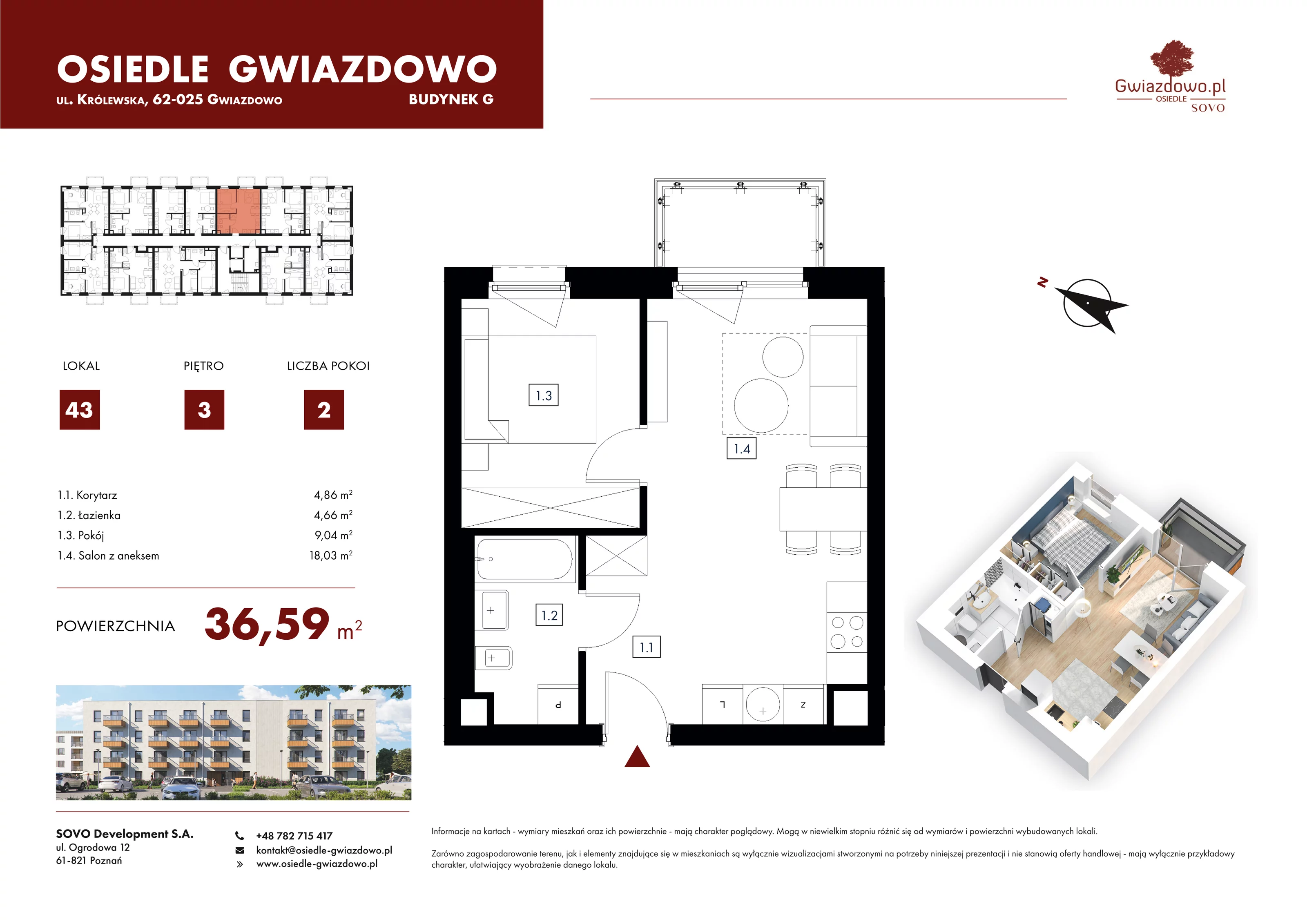 2 pokoje, mieszkanie 36,59 m², piętro 3, oferta nr G43, Osiedle Gwiazdowo, Gwiazdowo, ul. Mikołaja Kopernika