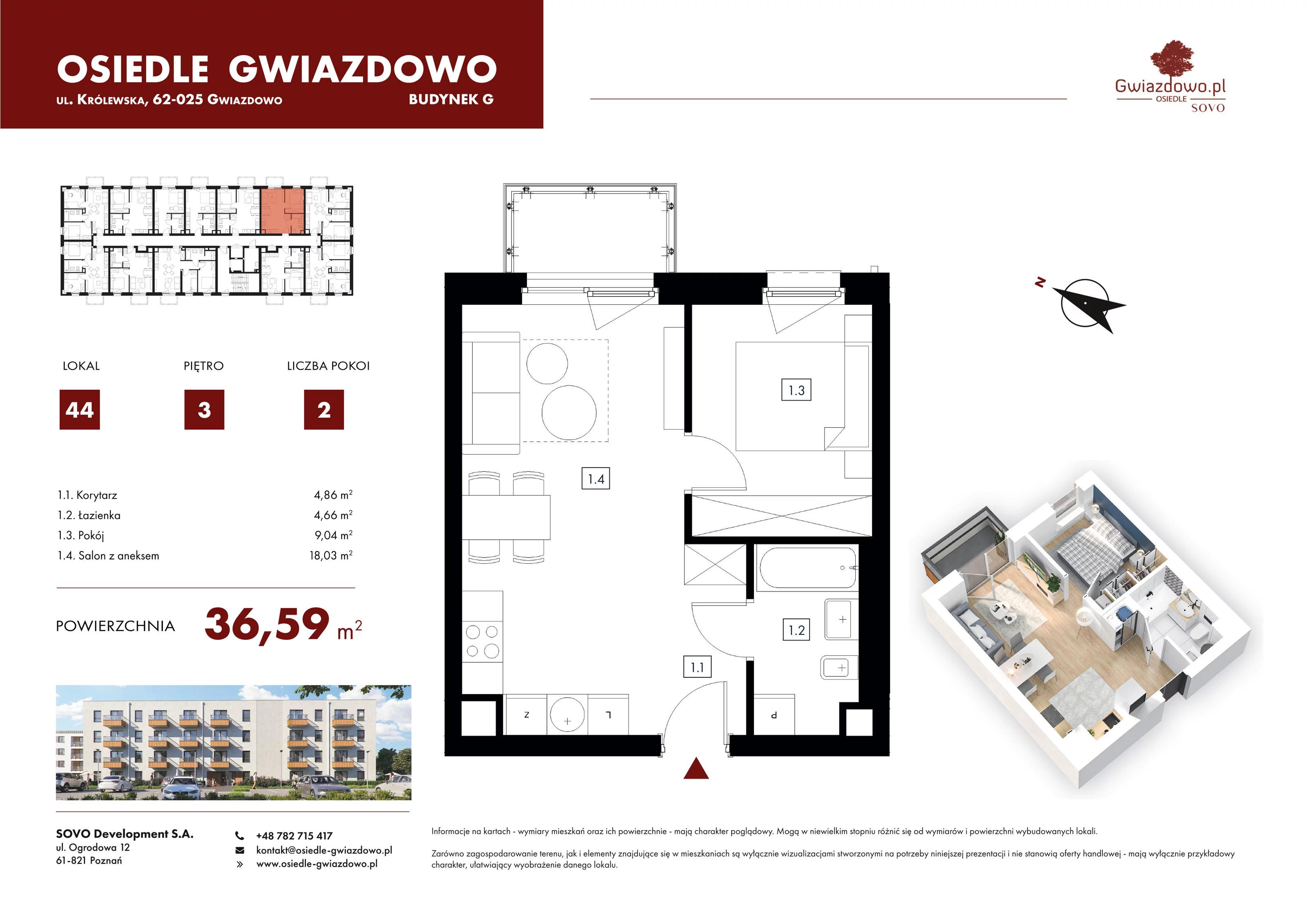 2 pokoje, mieszkanie 36,59 m², piętro 3, oferta nr G44, Osiedle Gwiazdowo, Gwiazdowo, ul. Mikołaja Kopernika