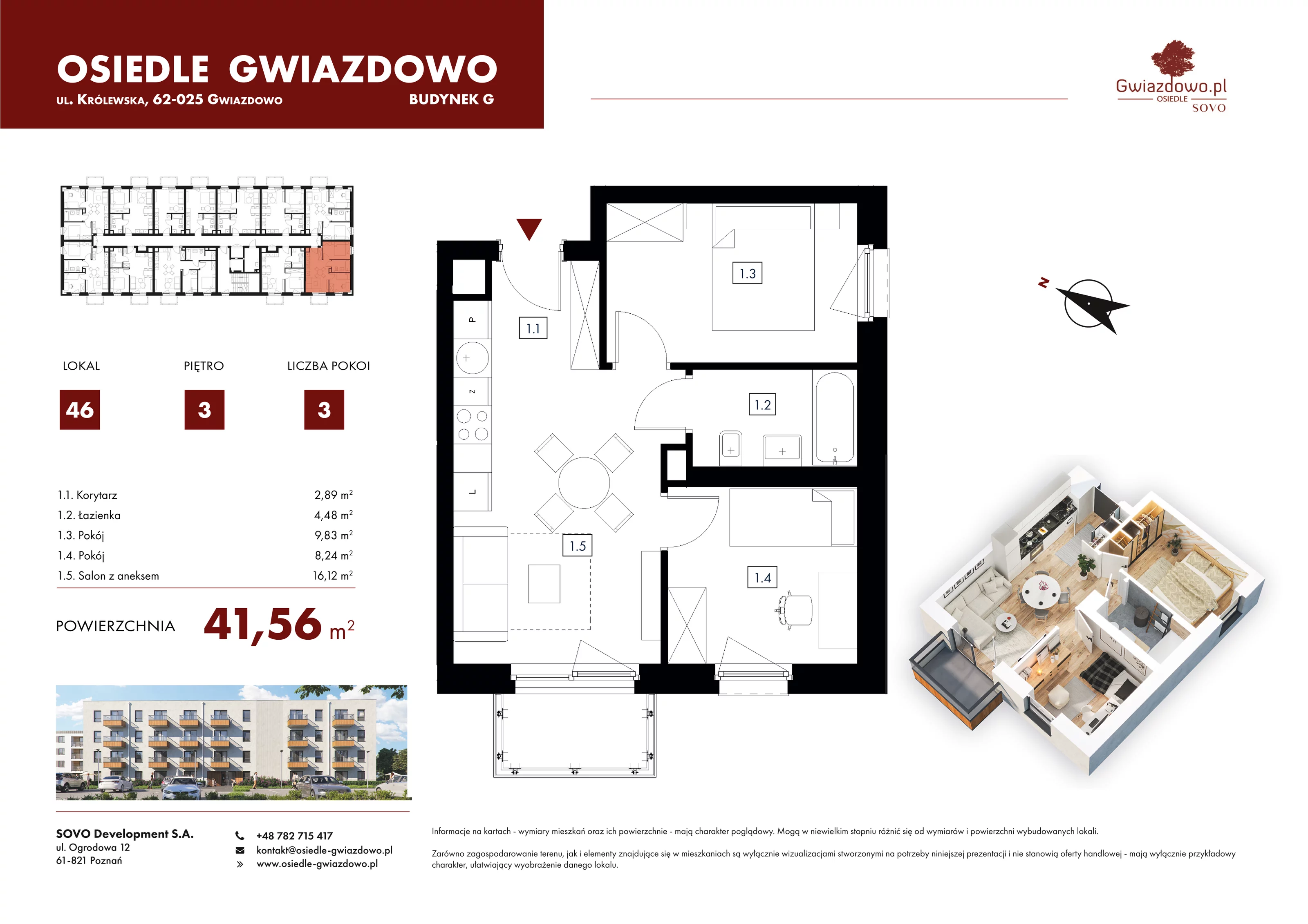 3 pokoje, mieszkanie 41,56 m², piętro 3, oferta nr G46, Osiedle Gwiazdowo, Gwiazdowo, ul. Mikołaja Kopernika