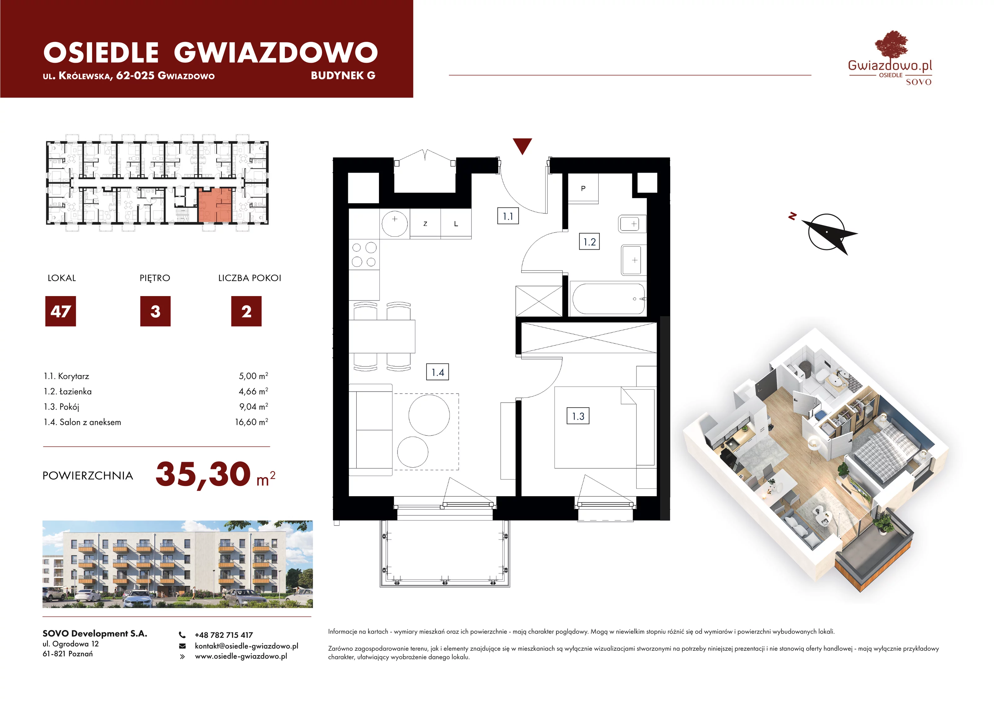 2 pokoje, mieszkanie 35,30 m², piętro 3, oferta nr G47, Osiedle Gwiazdowo, Gwiazdowo, ul. Mikołaja Kopernika