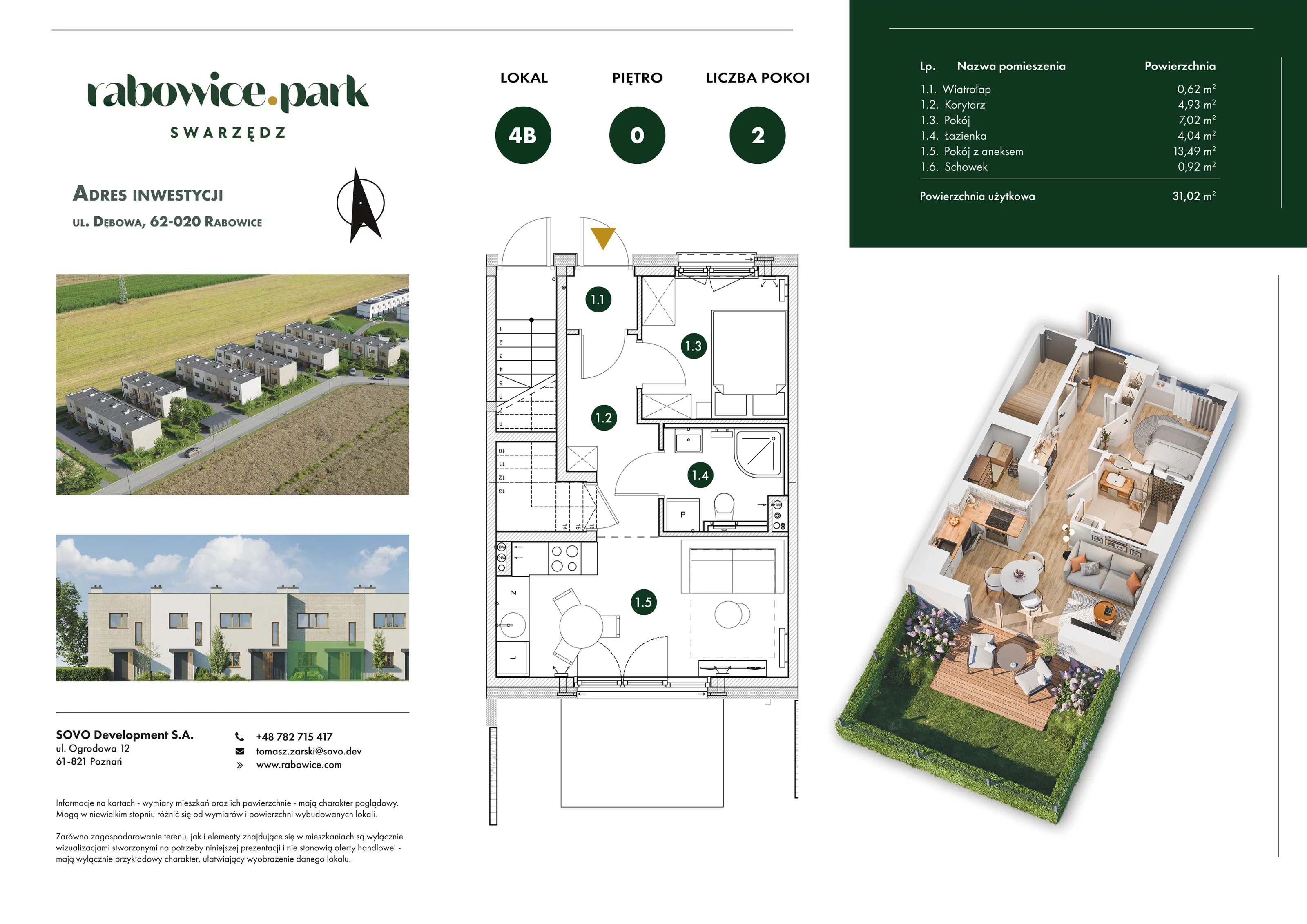 2 pokoje, mieszkanie 31,02 m², parter, oferta nr 4B, Rabowice Park Etap 2, Rabowice, ul. Dębowa