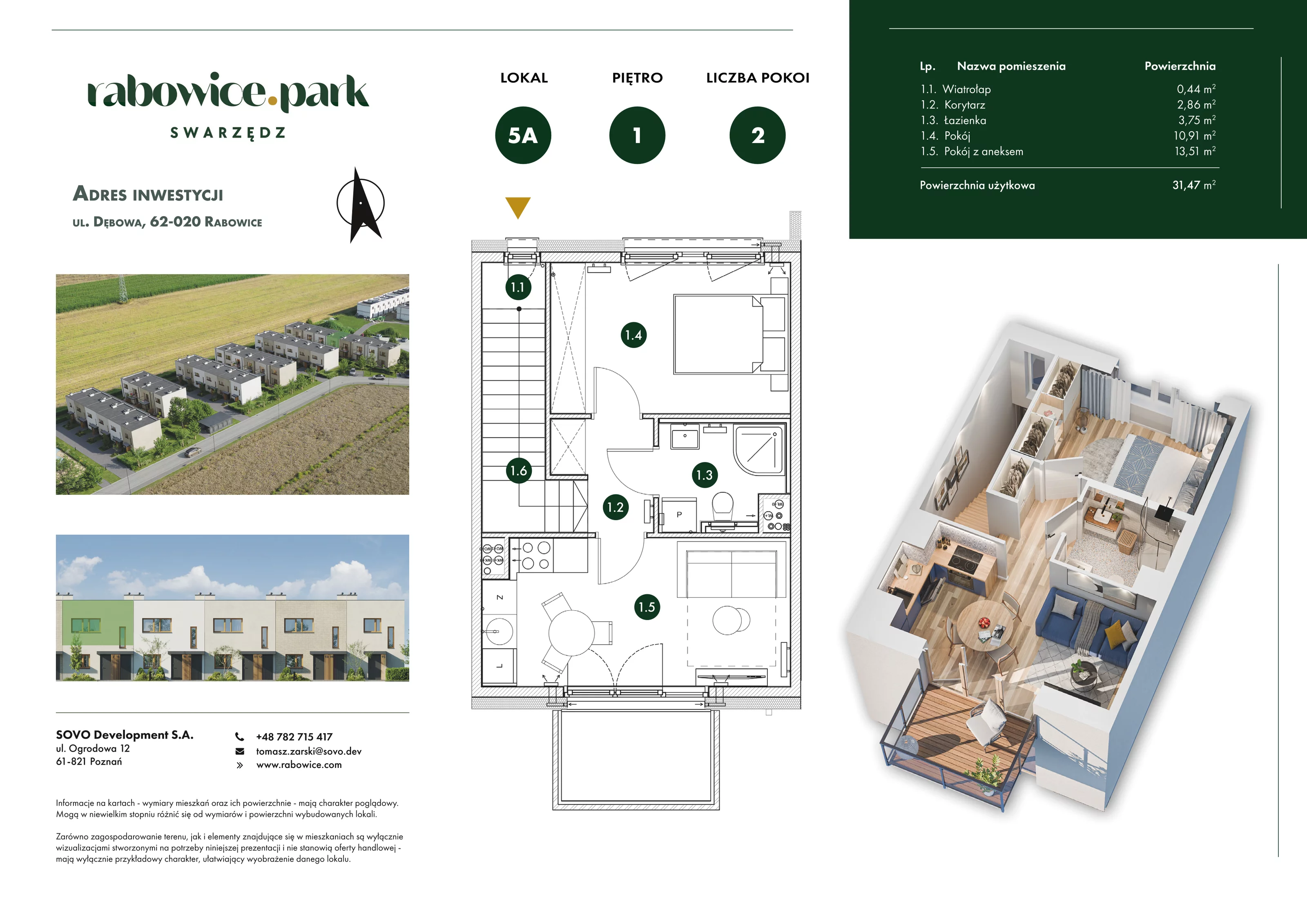 2 pokoje, mieszkanie 31,47 m², piętro 1, oferta nr 5A, Rabowice Park Etap 2, Rabowice, ul. Dębowa