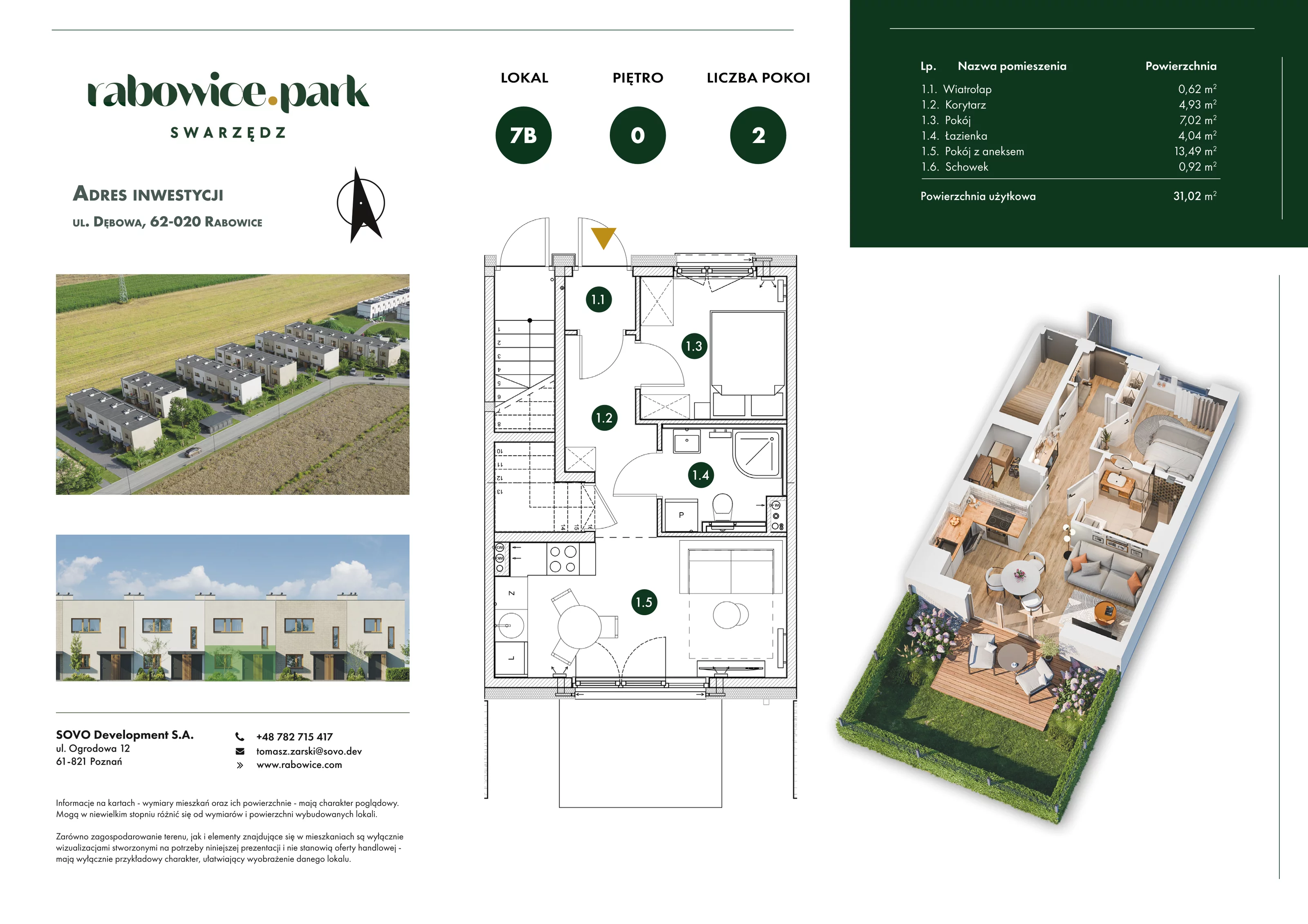 2 pokoje, mieszkanie 31,02 m², parter, oferta nr 7B, Rabowice Park Etap 2, Rabowice, ul. Dębowa