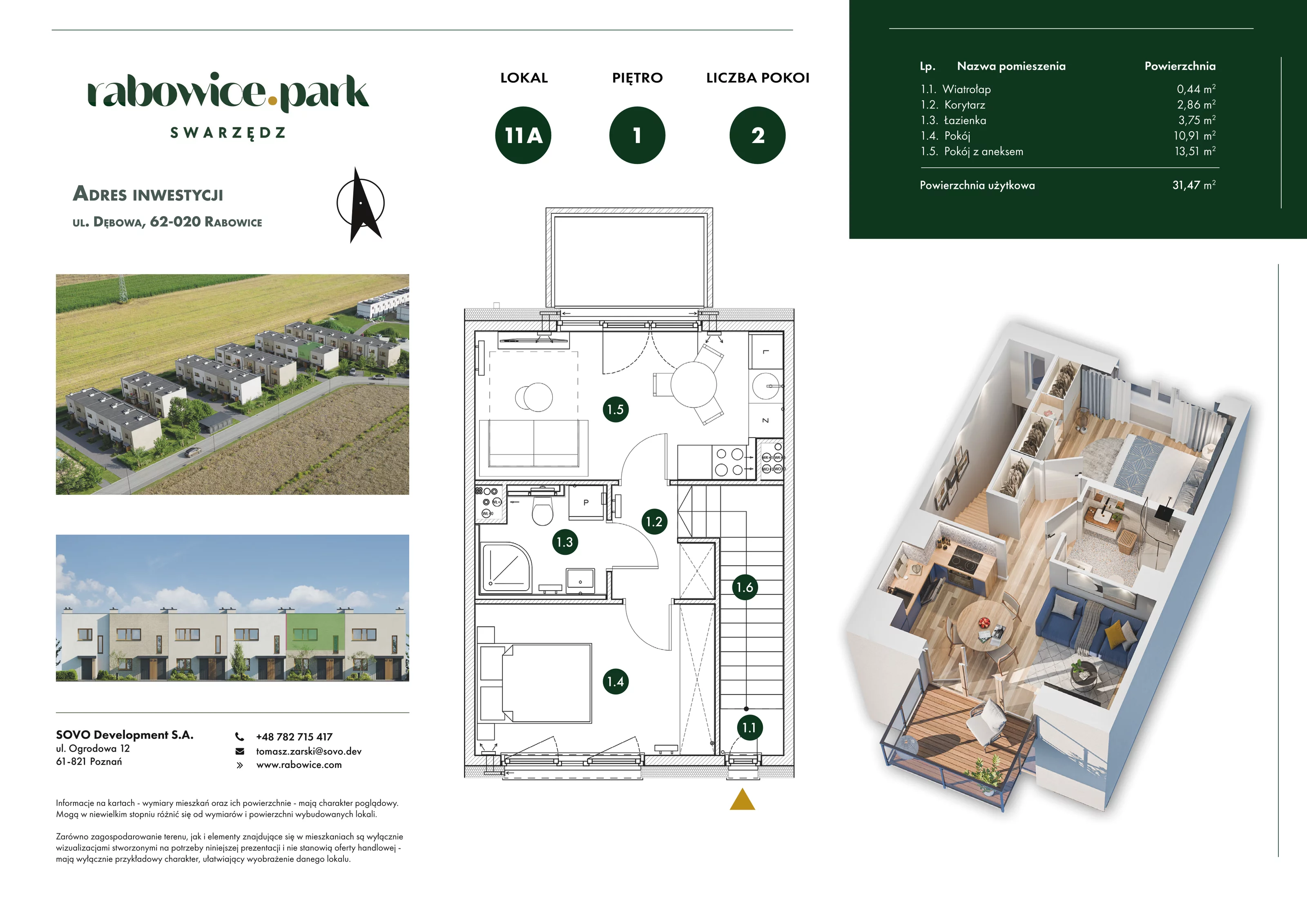 2 pokoje, mieszkanie 31,47 m², piętro 1, oferta nr 11A, Rabowice Park Etap 2, Rabowice, ul. Dębowa
