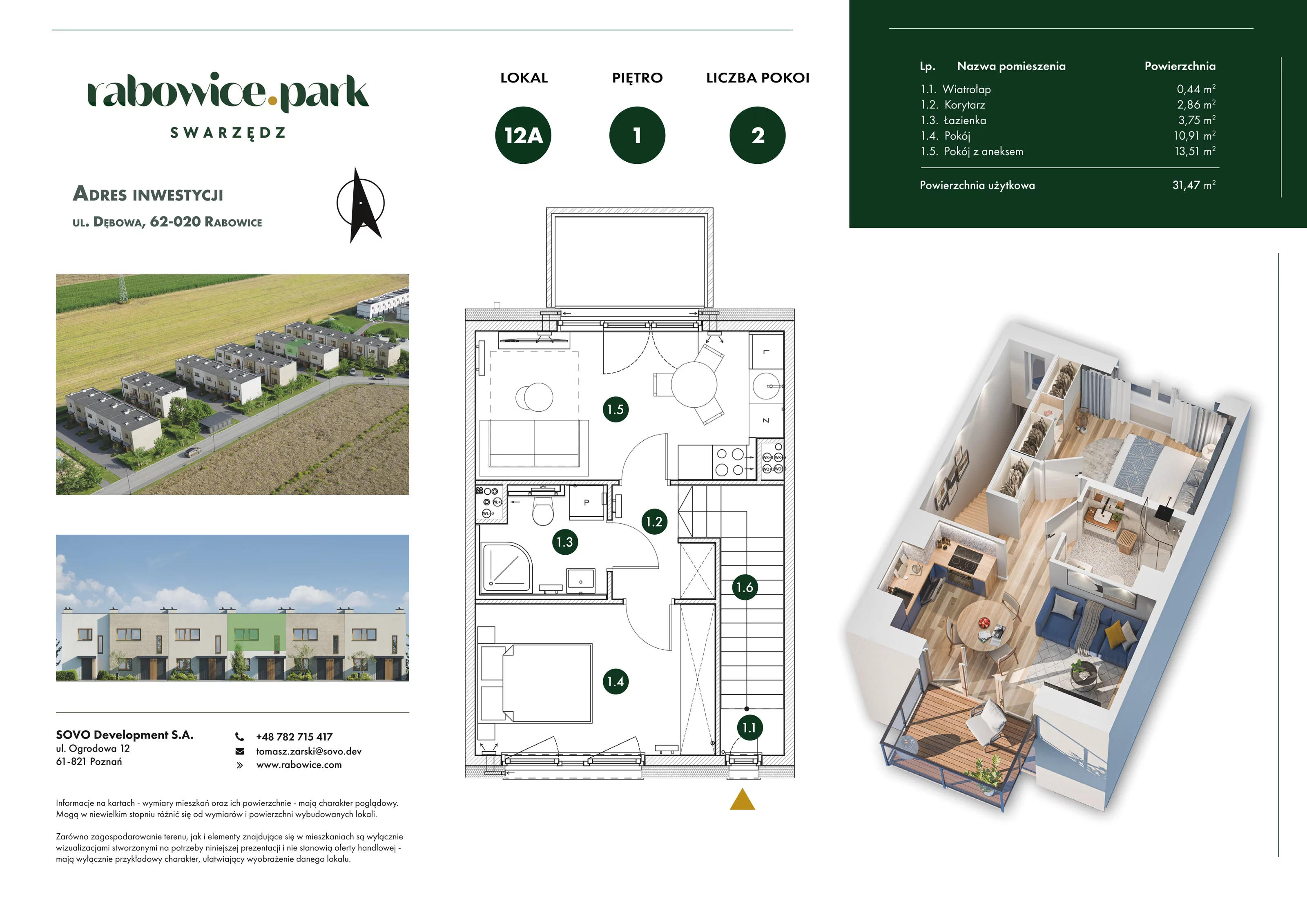 2 pokoje, mieszkanie 31,47 m², piętro 1, oferta nr 12A, Rabowice Park Etap 2, Rabowice, ul. Dębowa