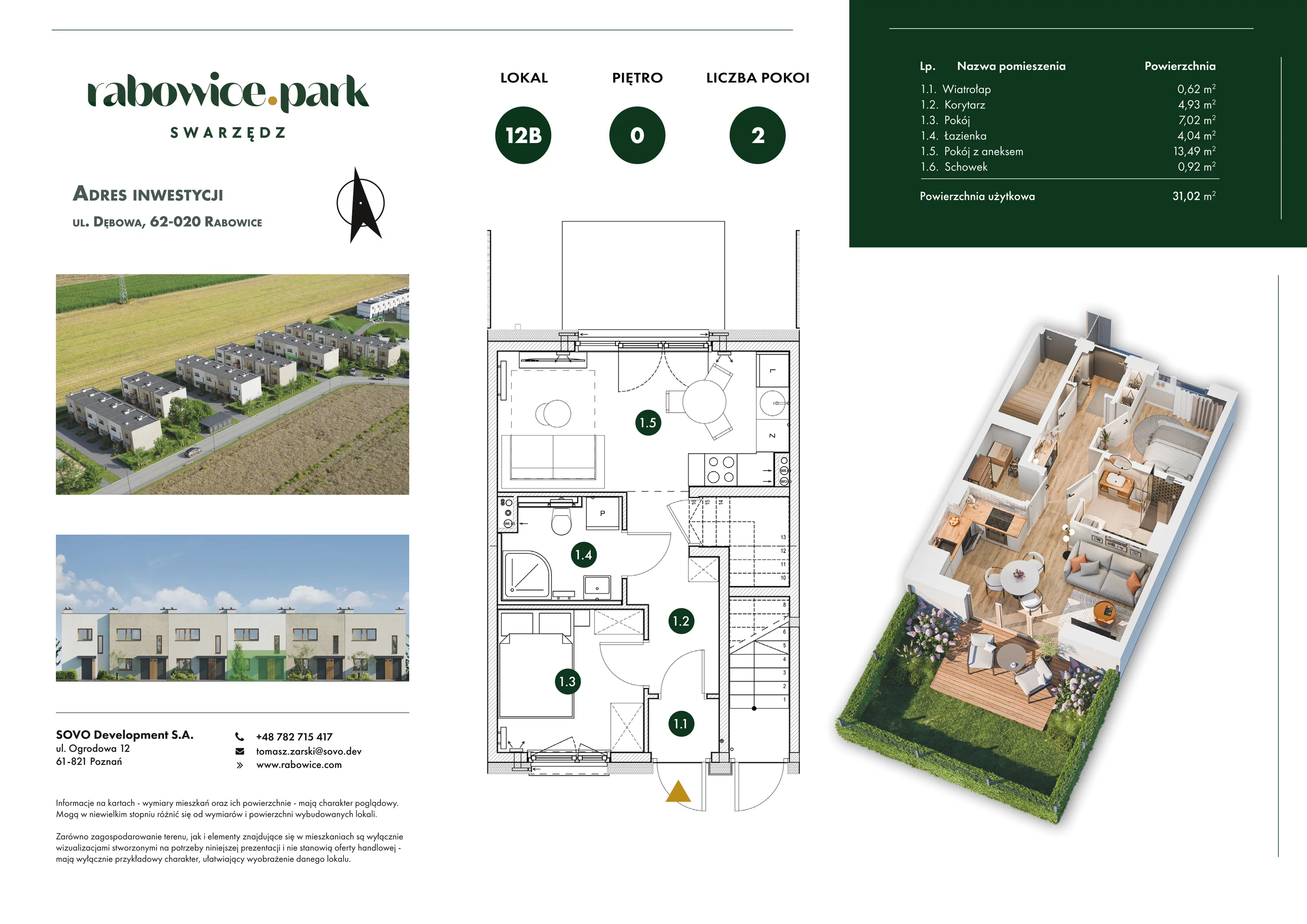 2 pokoje, mieszkanie 31,02 m², parter, oferta nr 12B, Rabowice Park Etap 2, Rabowice, ul. Dębowa