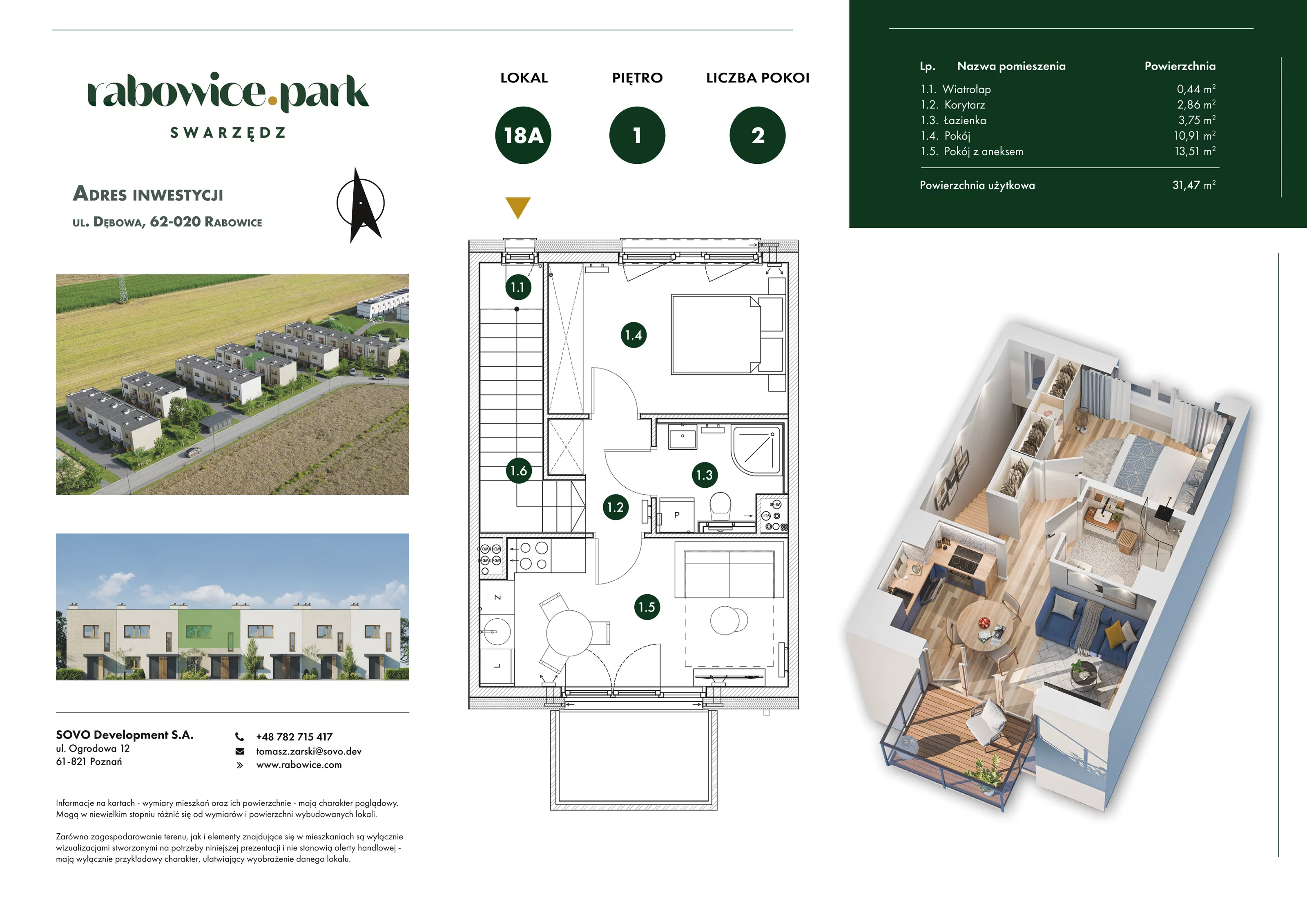 2 pokoje, mieszkanie 31,47 m², piętro 1, oferta nr 18A, Rabowice Park Etap 2, Rabowice, ul. Dębowa