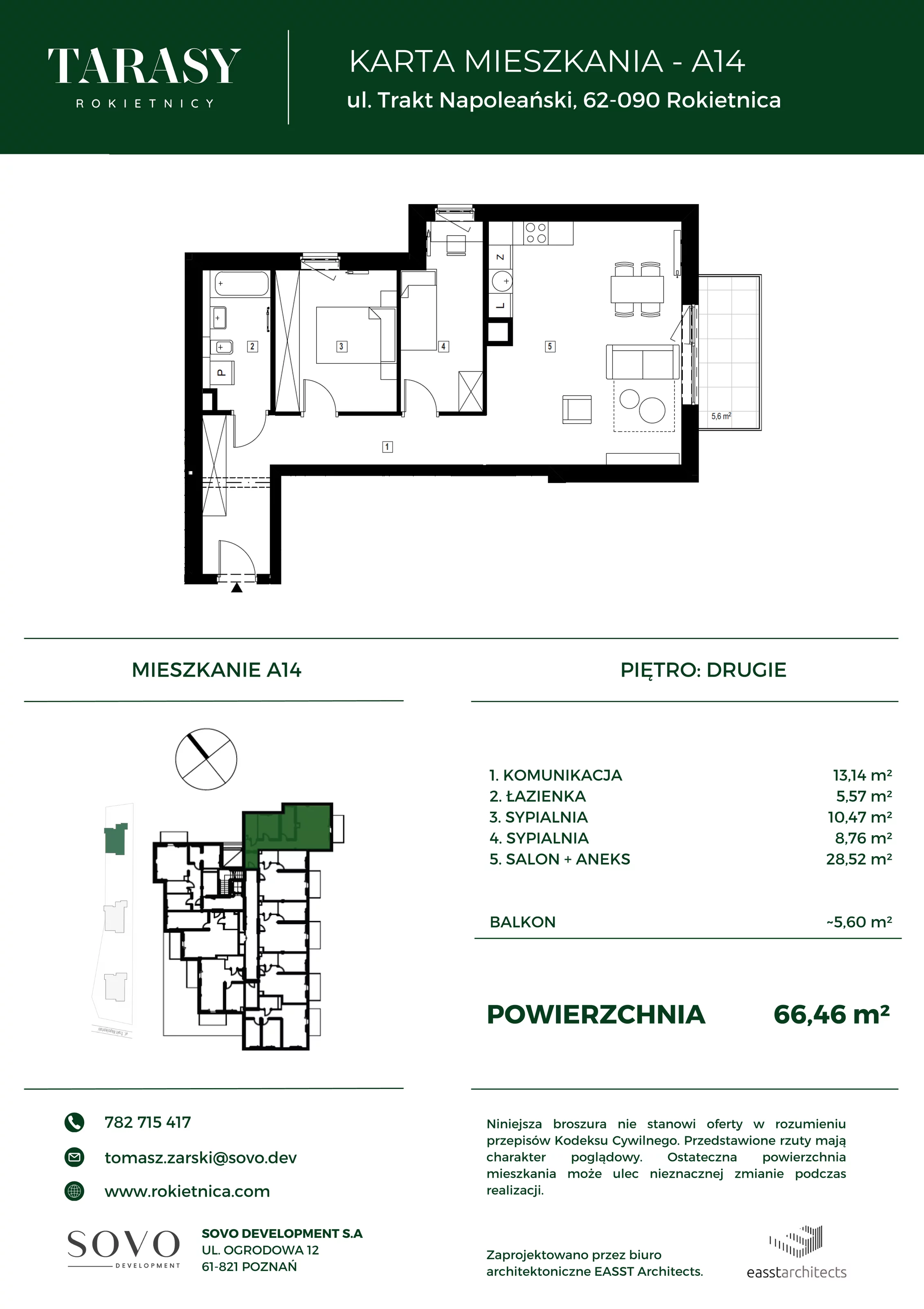 3 pokoje, mieszkanie 66,46 m², piętro 2, oferta nr A14, Tarasy Rokietnicy, Rokietnica, ul. Trakt Napoleoński