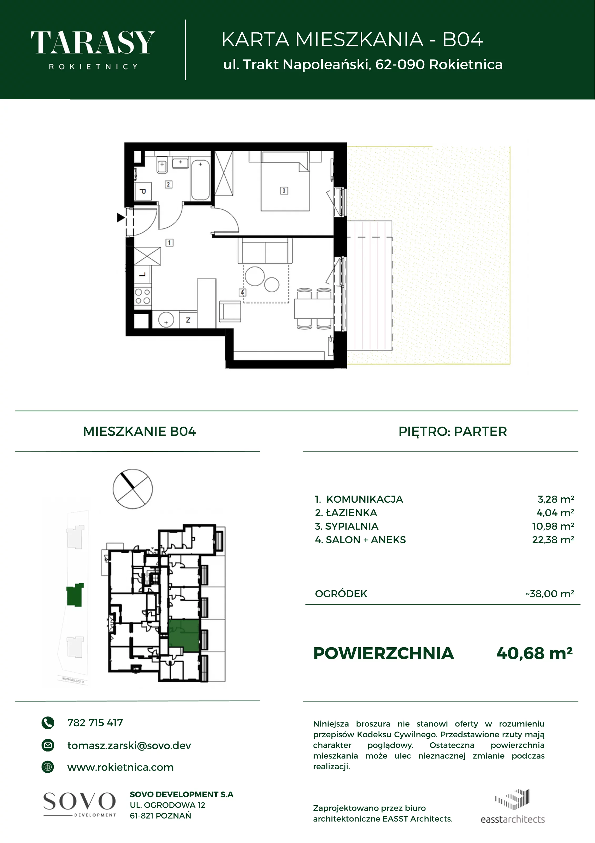 Mieszkanie 40,68 m², parter, oferta nr B04, Tarasy Rokietnicy, Rokietnica, ul. Trakt Napoleoński