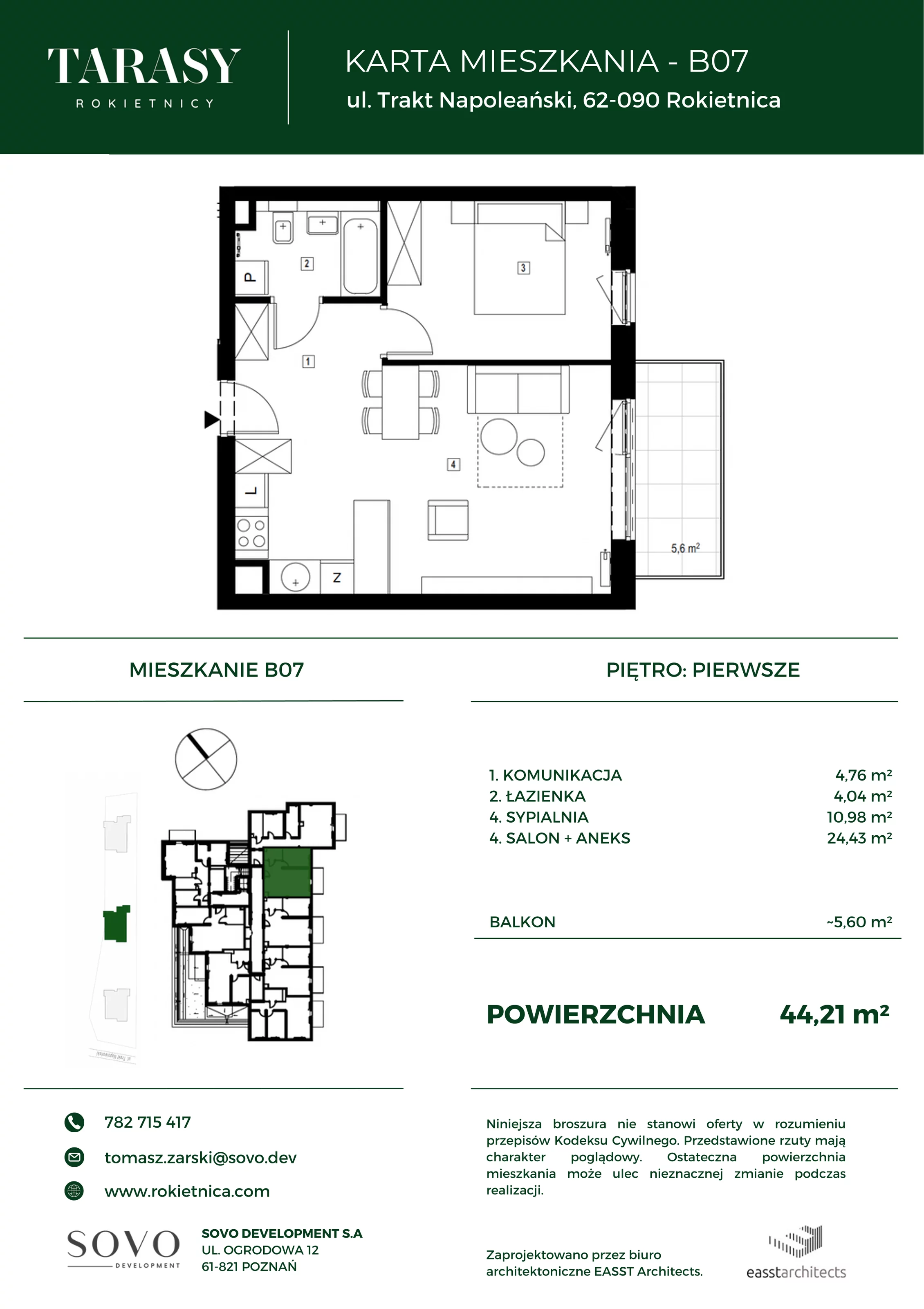 Mieszkanie 44,21 m², piętro 1, oferta nr B07, Tarasy Rokietnicy, Rokietnica, ul. Trakt Napoleoński