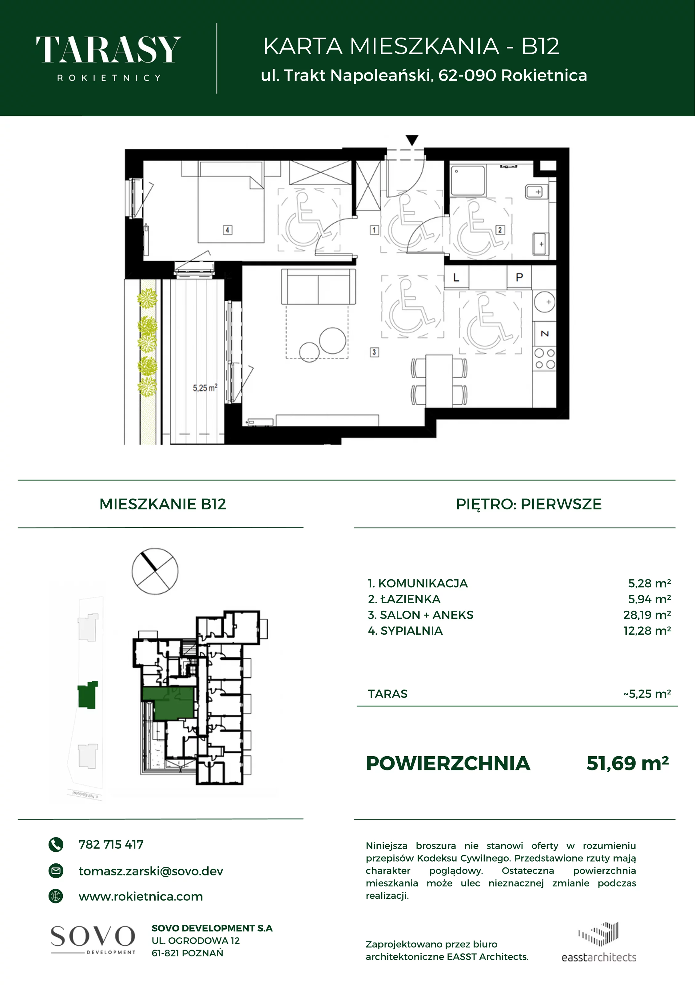 2 pokoje, mieszkanie 51,78 m², piętro 1, oferta nr B12, Tarasy Rokietnicy, Rokietnica, ul. Trakt Napoleoński