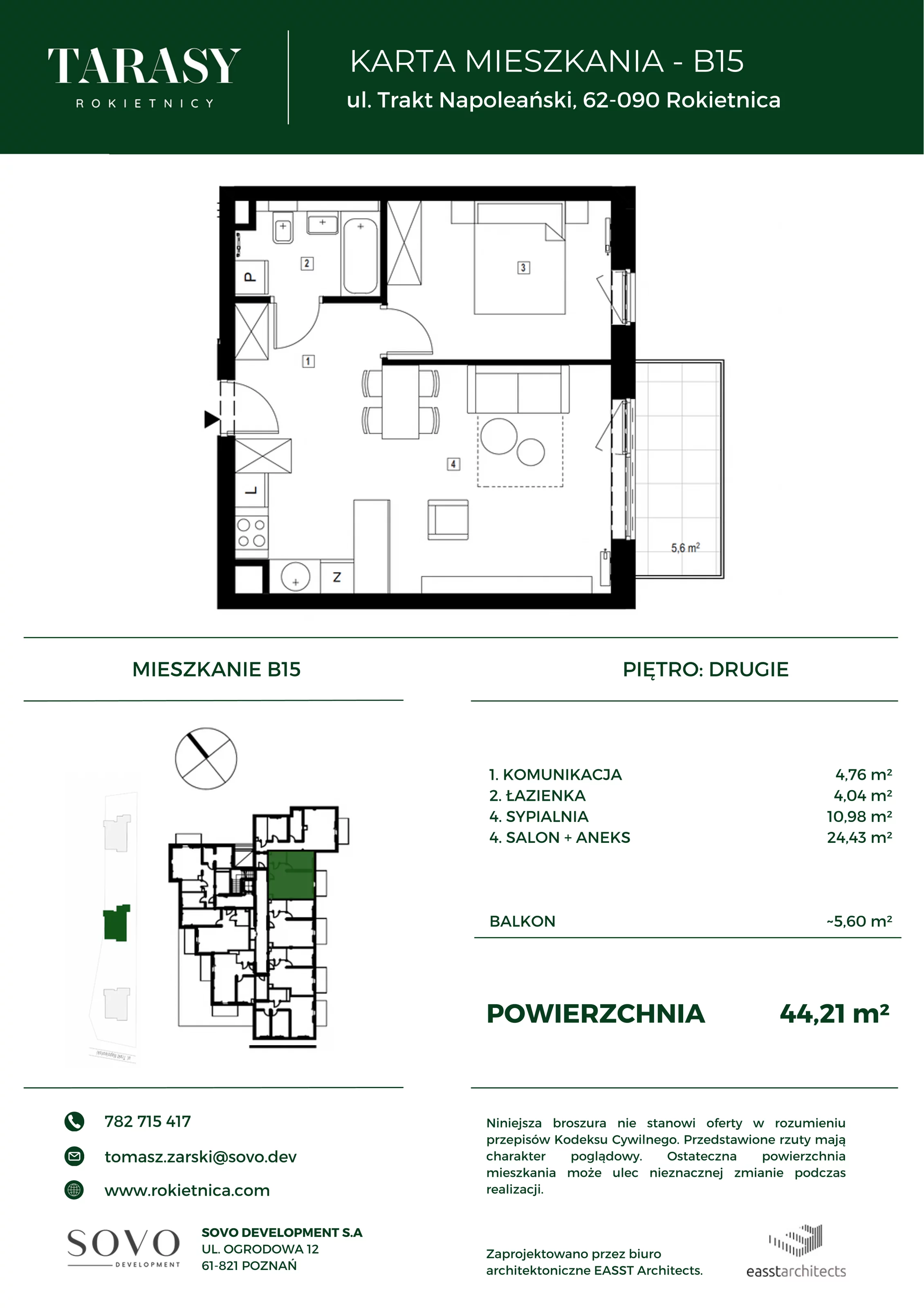 Mieszkanie 44,21 m², piętro 2, oferta nr B15, Tarasy Rokietnicy, Rokietnica, ul. Trakt Napoleoński