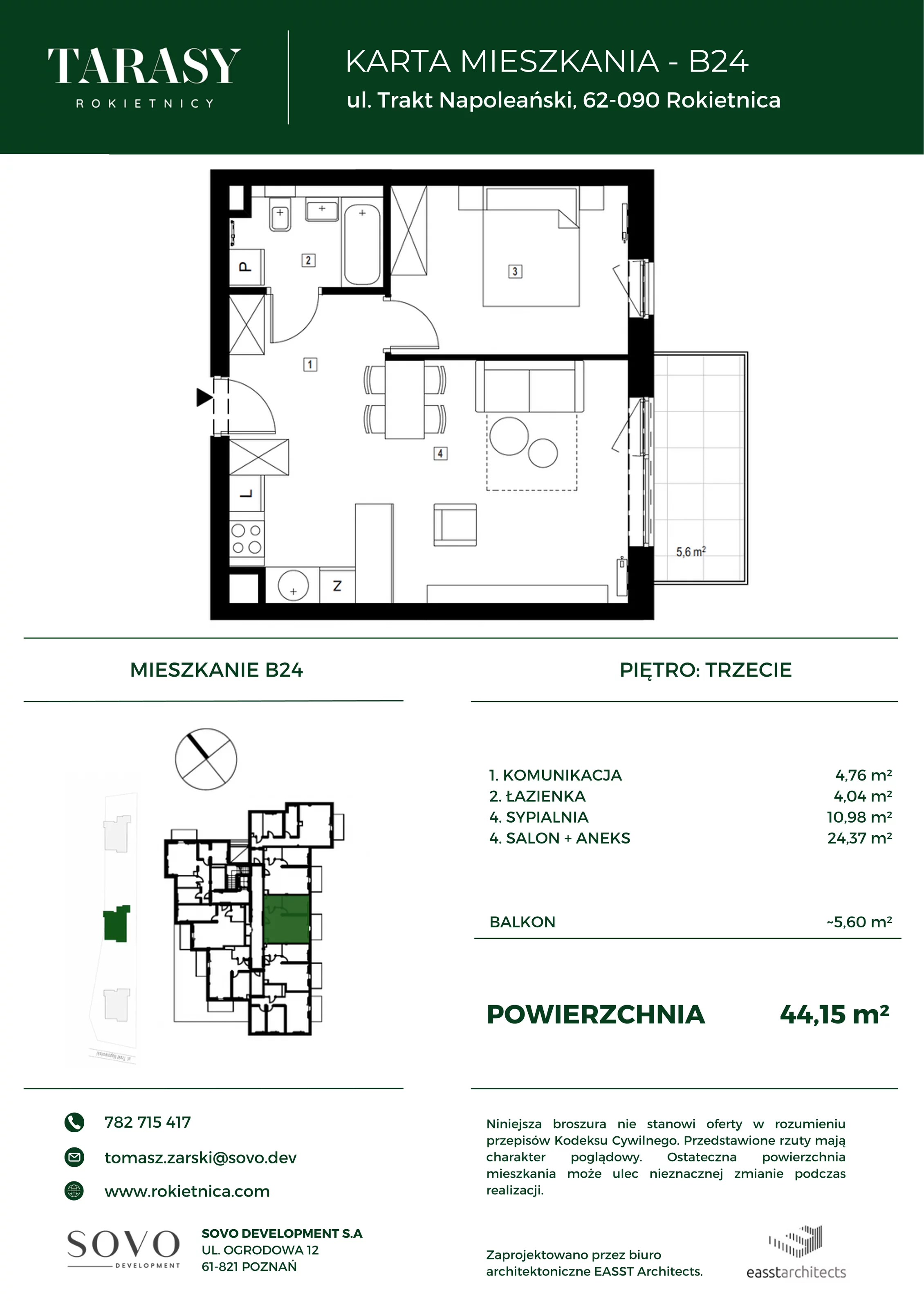 Mieszkanie 44,15 m², piętro 3, oferta nr B24, Tarasy Rokietnicy, Rokietnica, ul. Trakt Napoleoński