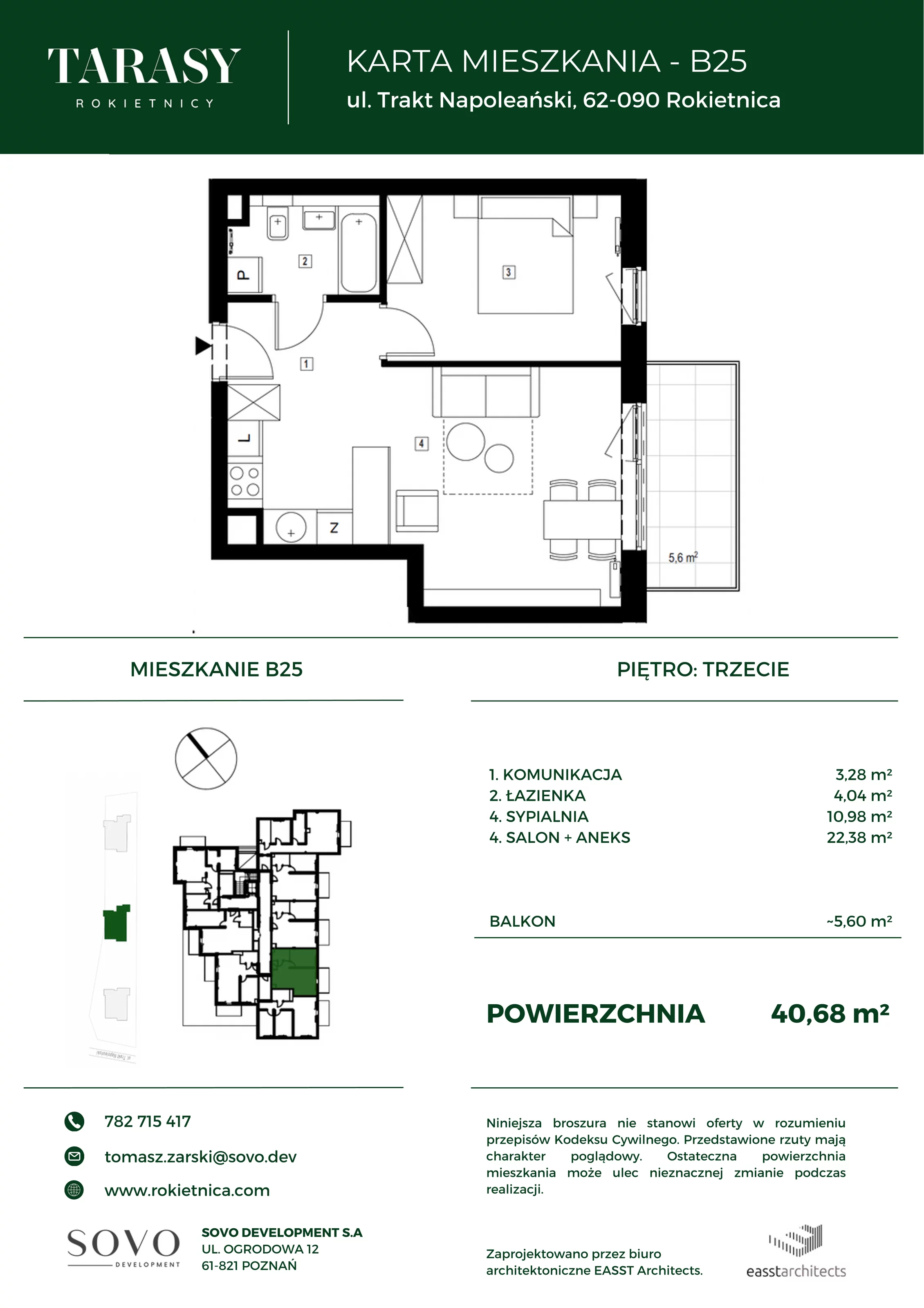 Mieszkanie 40,68 m², piętro 3, oferta nr B25, Tarasy Rokietnicy, Rokietnica, ul. Trakt Napoleoński