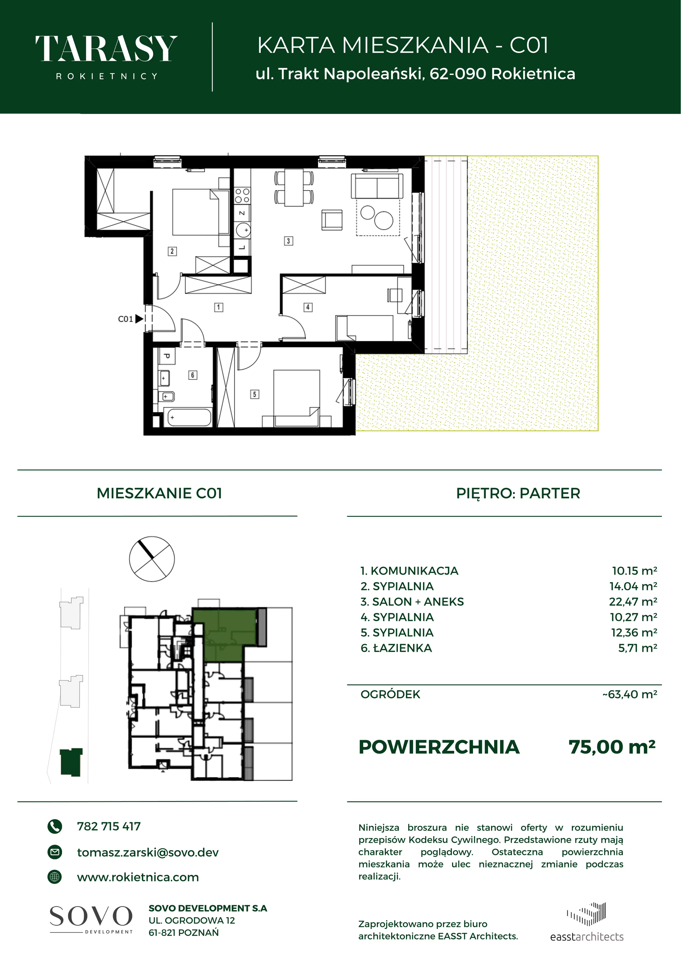 4 pokoje, mieszkanie 75,00 m², parter, oferta nr C01, Tarasy Rokietnicy, Rokietnica, ul. Trakt Napoleoński