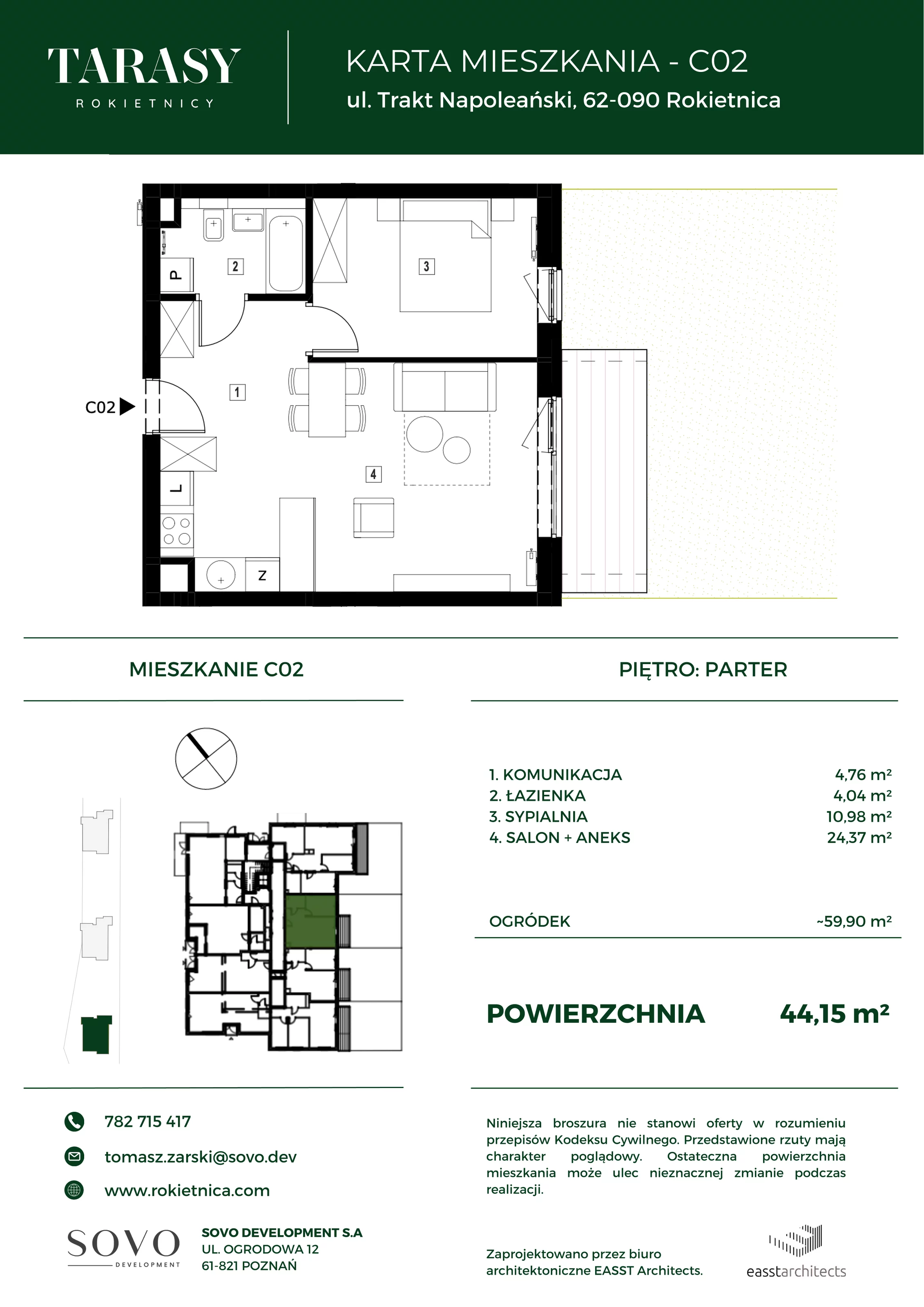 Mieszkanie 44,15 m², parter, oferta nr C02, Tarasy Rokietnicy, Rokietnica, ul. Trakt Napoleoński