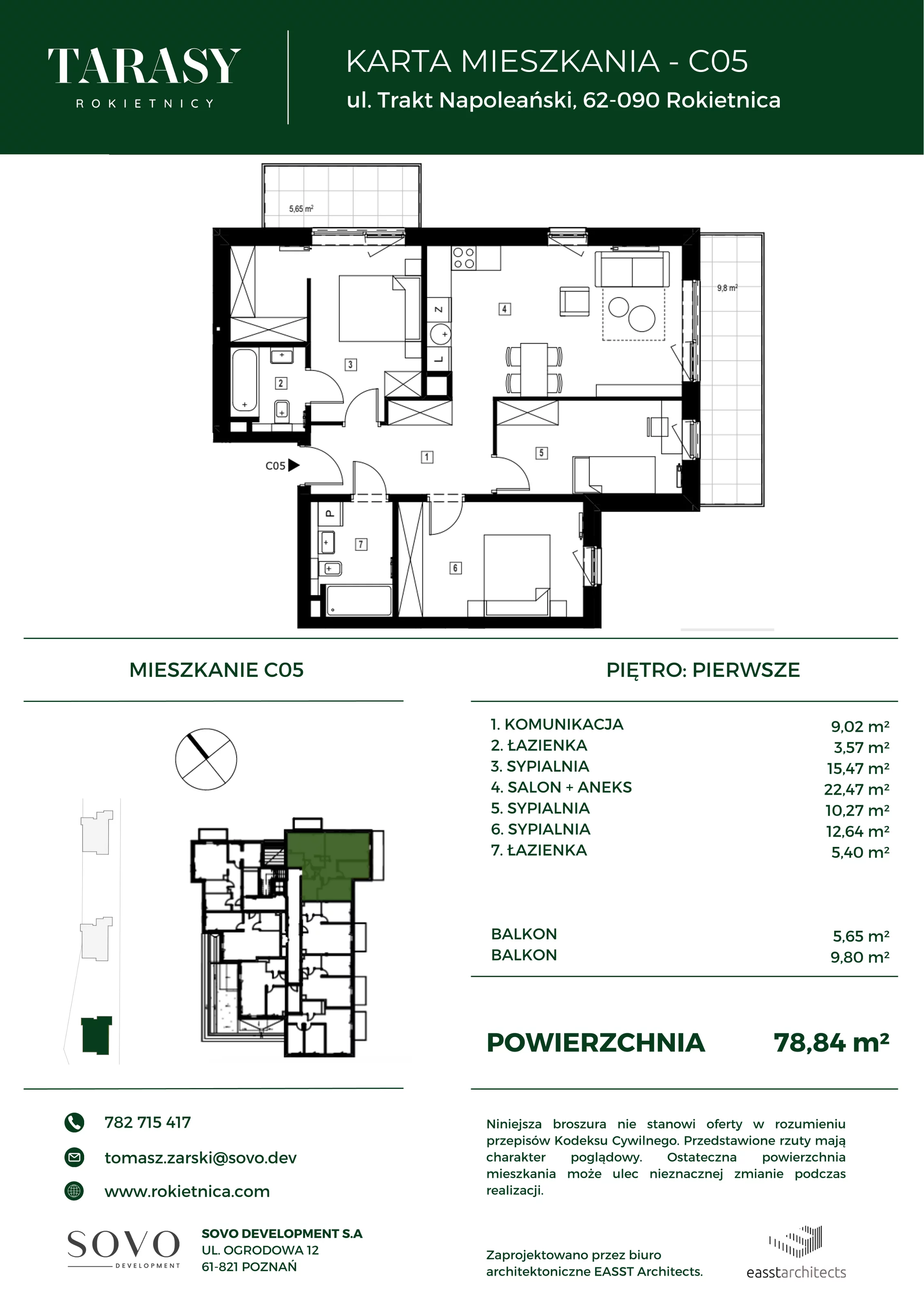 4 pokoje, mieszkanie 78,84 m², piętro 1, oferta nr C05, Tarasy Rokietnicy, Rokietnica, ul. Trakt Napoleoński