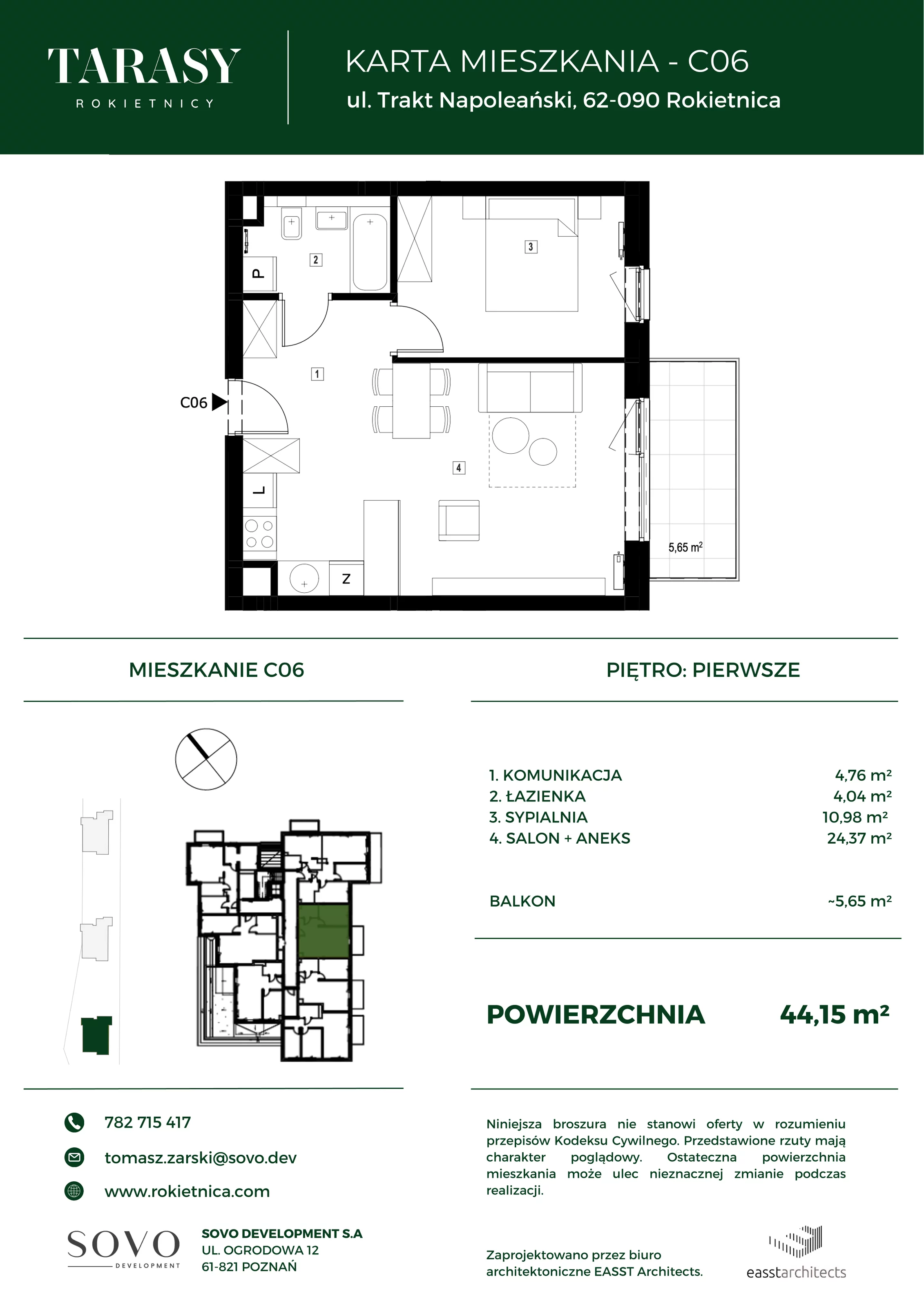 Mieszkanie 44,15 m², piętro 1, oferta nr C06, Tarasy Rokietnicy, Rokietnica, ul. Trakt Napoleoński