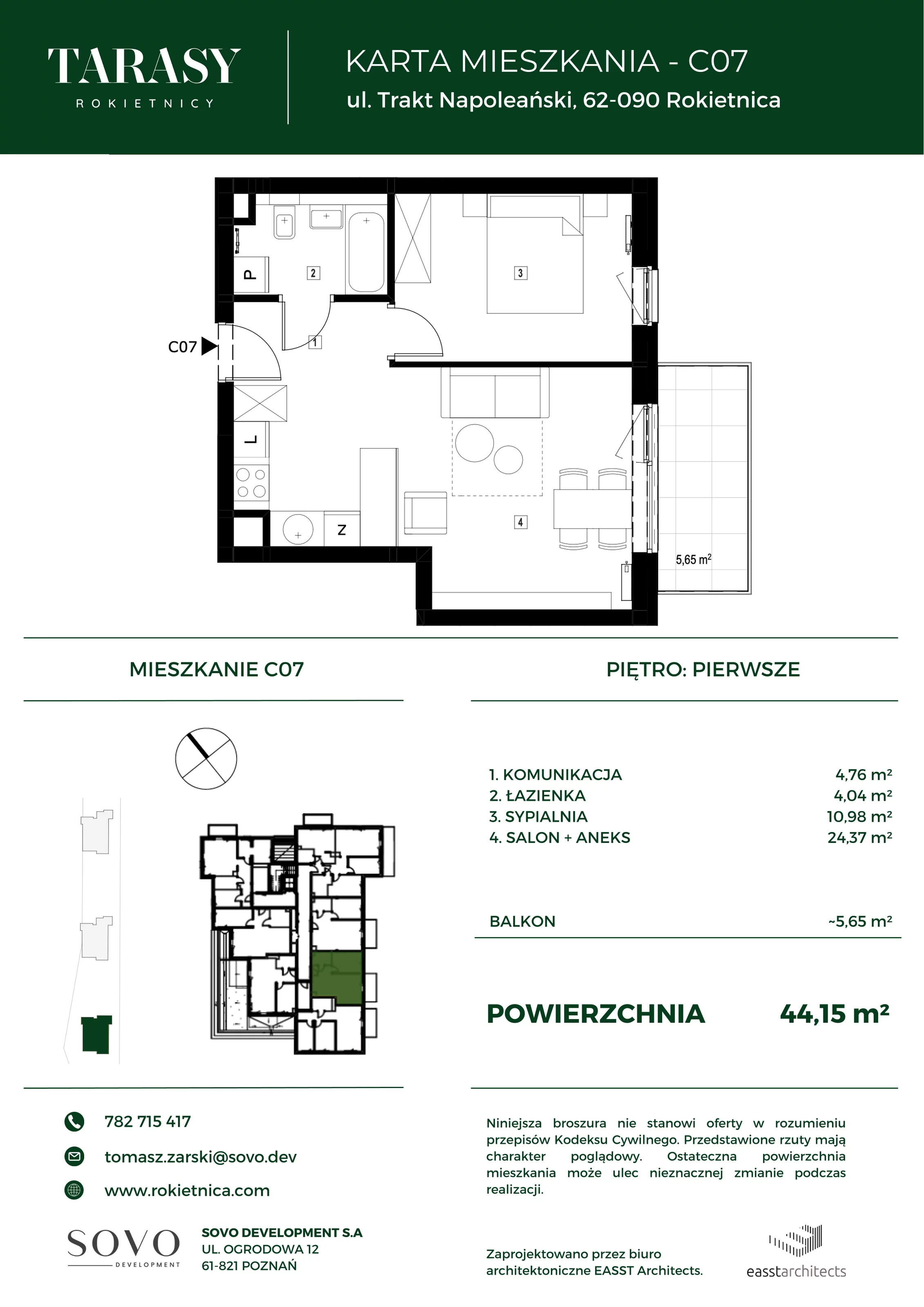 Mieszkanie 44,15 m², piętro 1, oferta nr C07, Tarasy Rokietnicy, Rokietnica, ul. Trakt Napoleoński