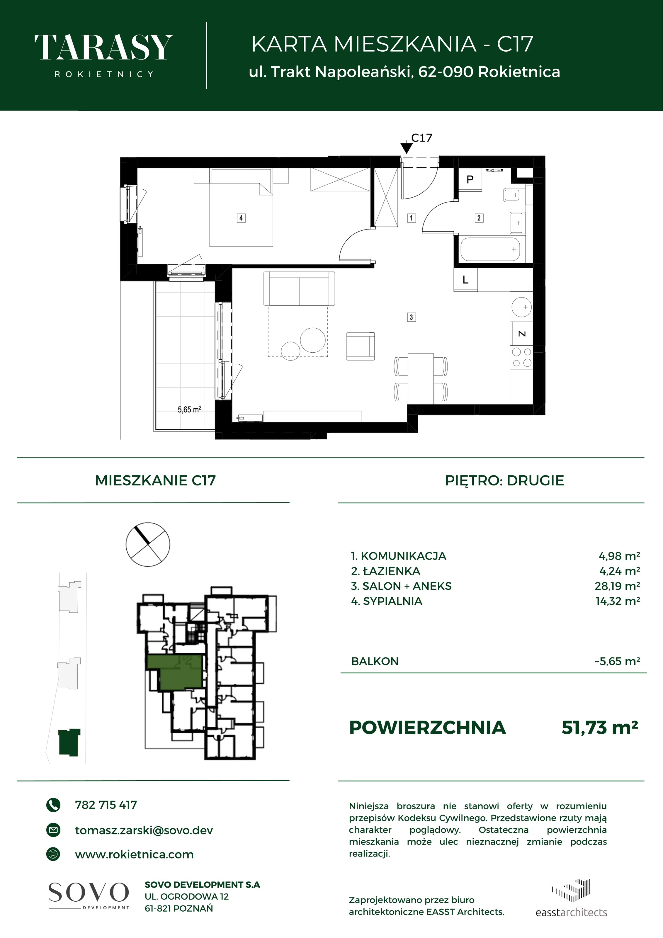 Mieszkanie 51,73 m², piętro 2, oferta nr C17, Tarasy Rokietnicy, Rokietnica, ul. Trakt Napoleoński