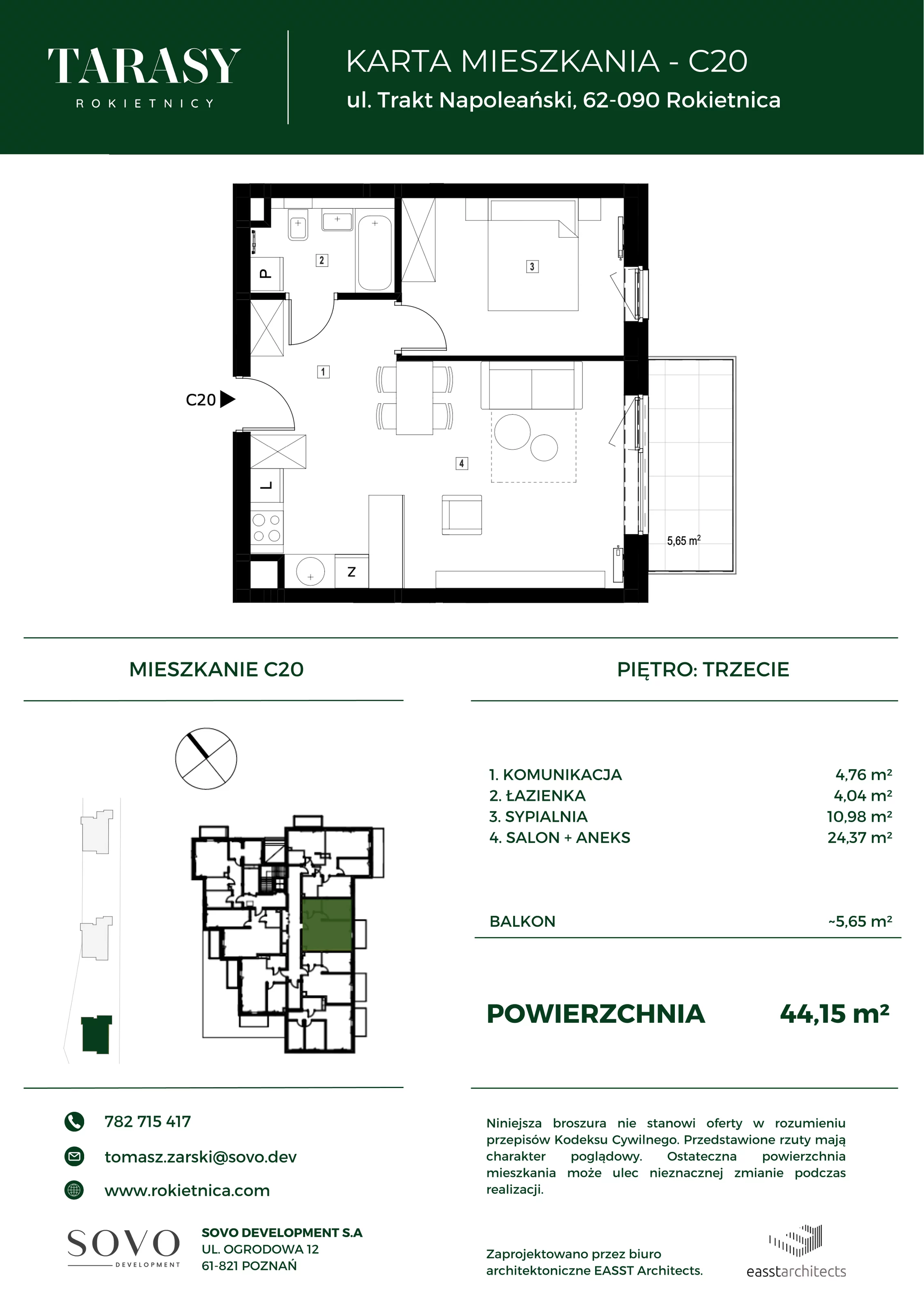 Mieszkanie 44,15 m², piętro 3, oferta nr C20, Tarasy Rokietnicy, Rokietnica, ul. Trakt Napoleoński