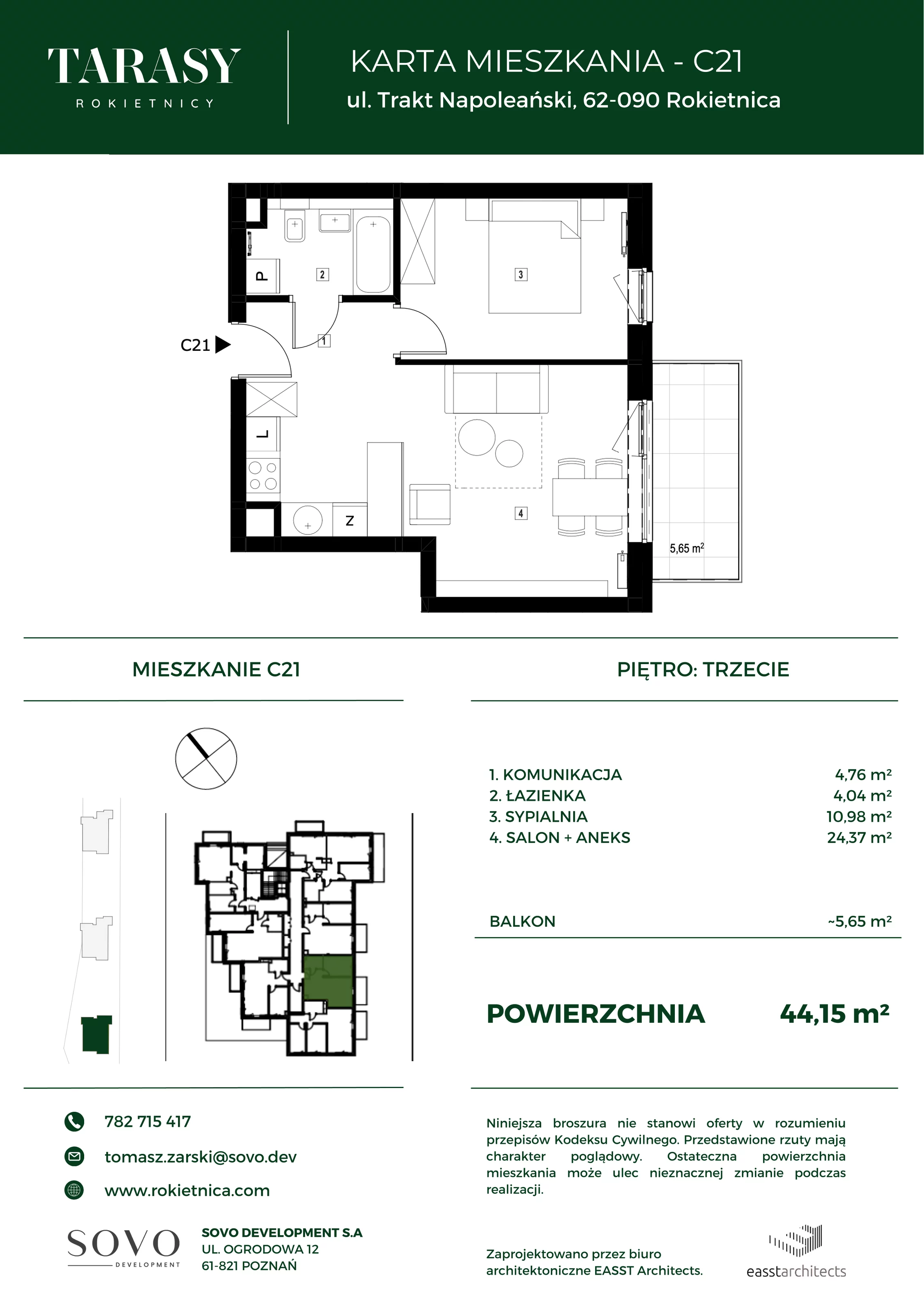 Mieszkanie 44,15 m², piętro 3, oferta nr C21, Tarasy Rokietnicy, Rokietnica, ul. Trakt Napoleoński