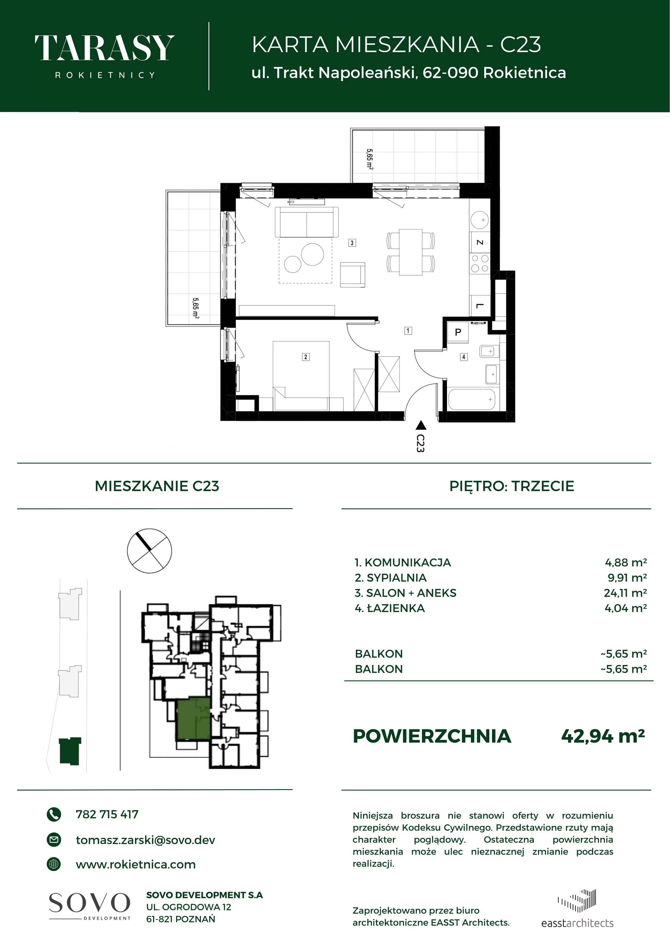 Mieszkanie 42,94 m², piętro 3, oferta nr C23, Tarasy Rokietnicy, Rokietnica, ul. Trakt Napoleoński