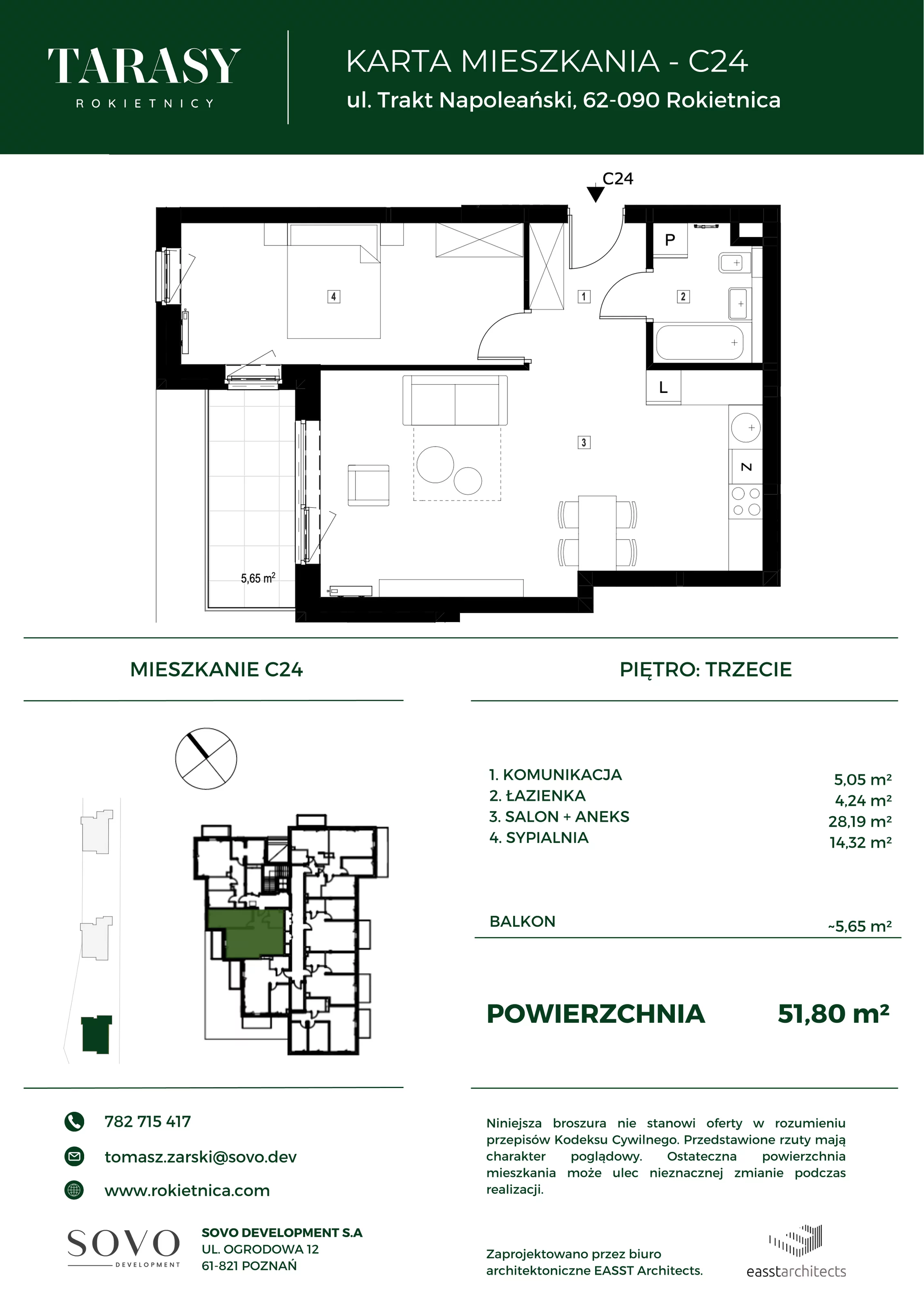 Mieszkanie 51,80 m², piętro 3, oferta nr C24, Tarasy Rokietnicy, Rokietnica, ul. Trakt Napoleoński