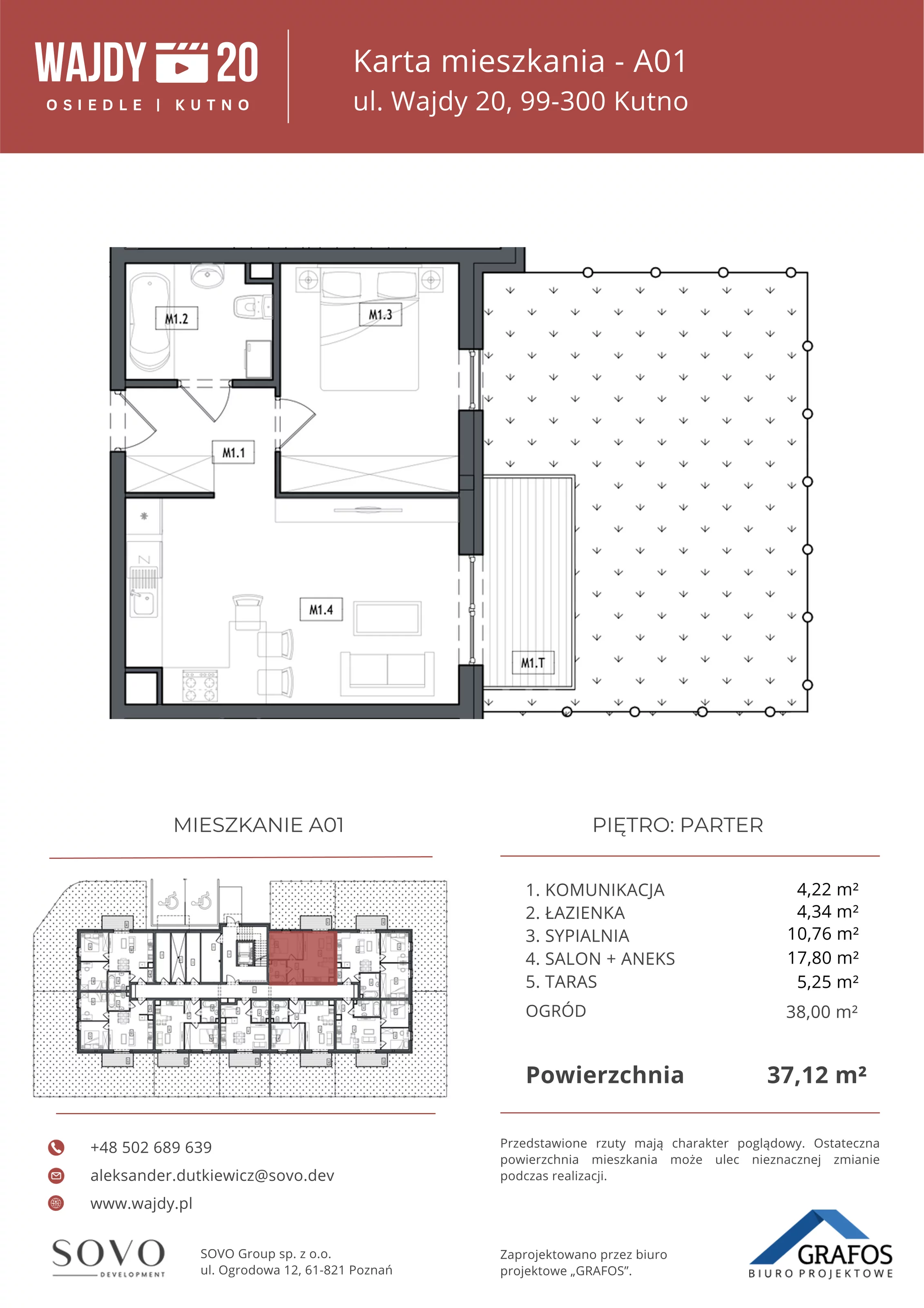 Mieszkanie 37,12 m², parter, oferta nr A01, Osiedle Wajdy 20, Kutno, ul. Andrzeja Wajdy 20