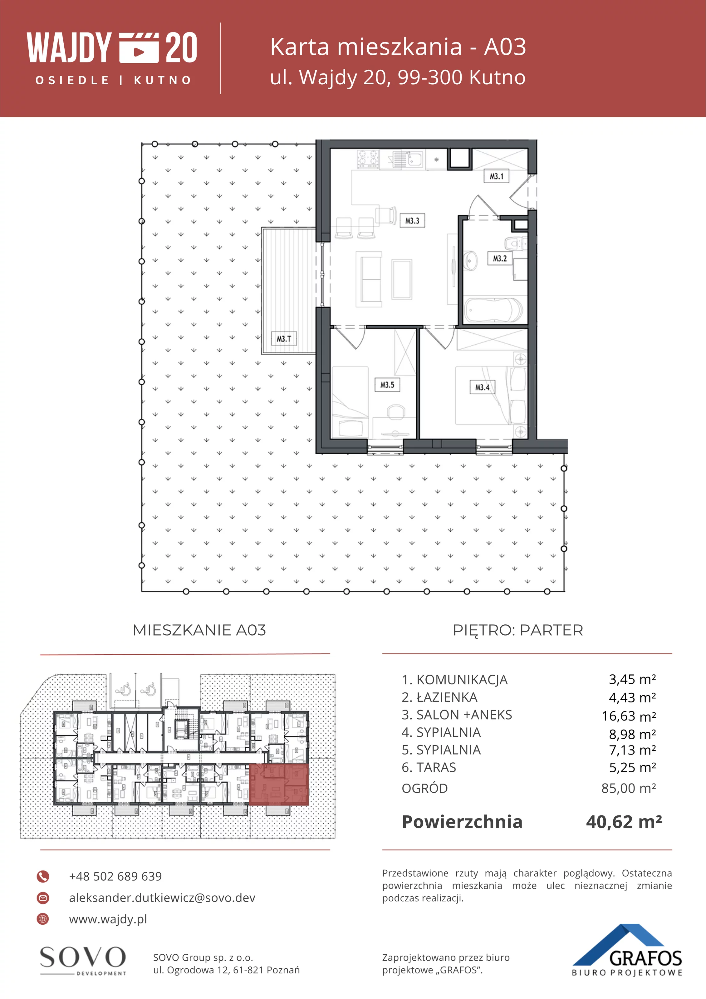 3 pokoje, mieszkanie 40,62 m², parter, oferta nr A03, Osiedle Wajdy 20, Kutno, ul. Andrzeja Wajdy 20