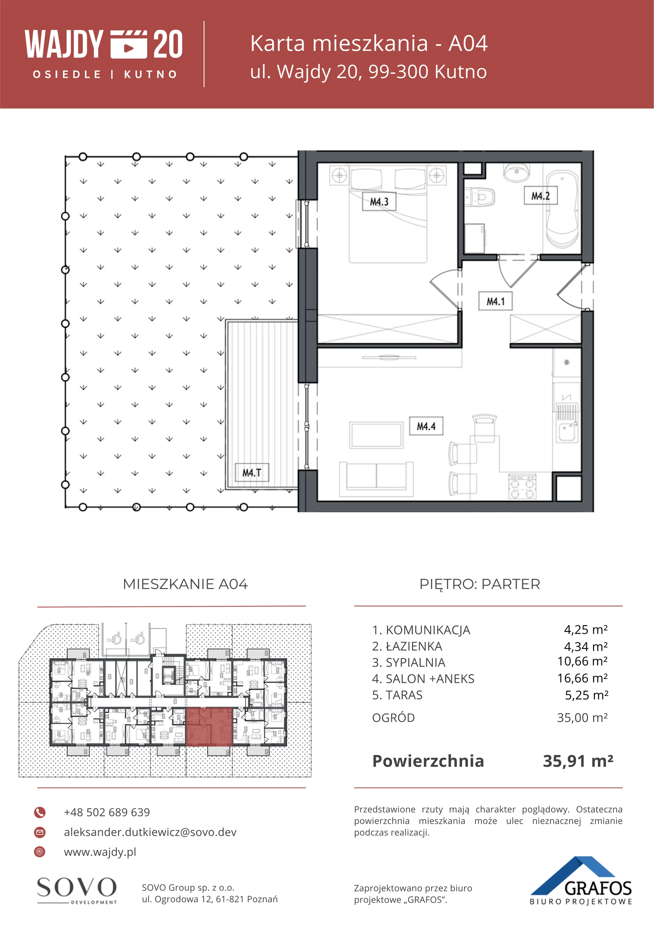 Mieszkanie 35,91 m², parter, oferta nr A04, Osiedle Wajdy 20, Kutno, ul. Andrzeja Wajdy 20