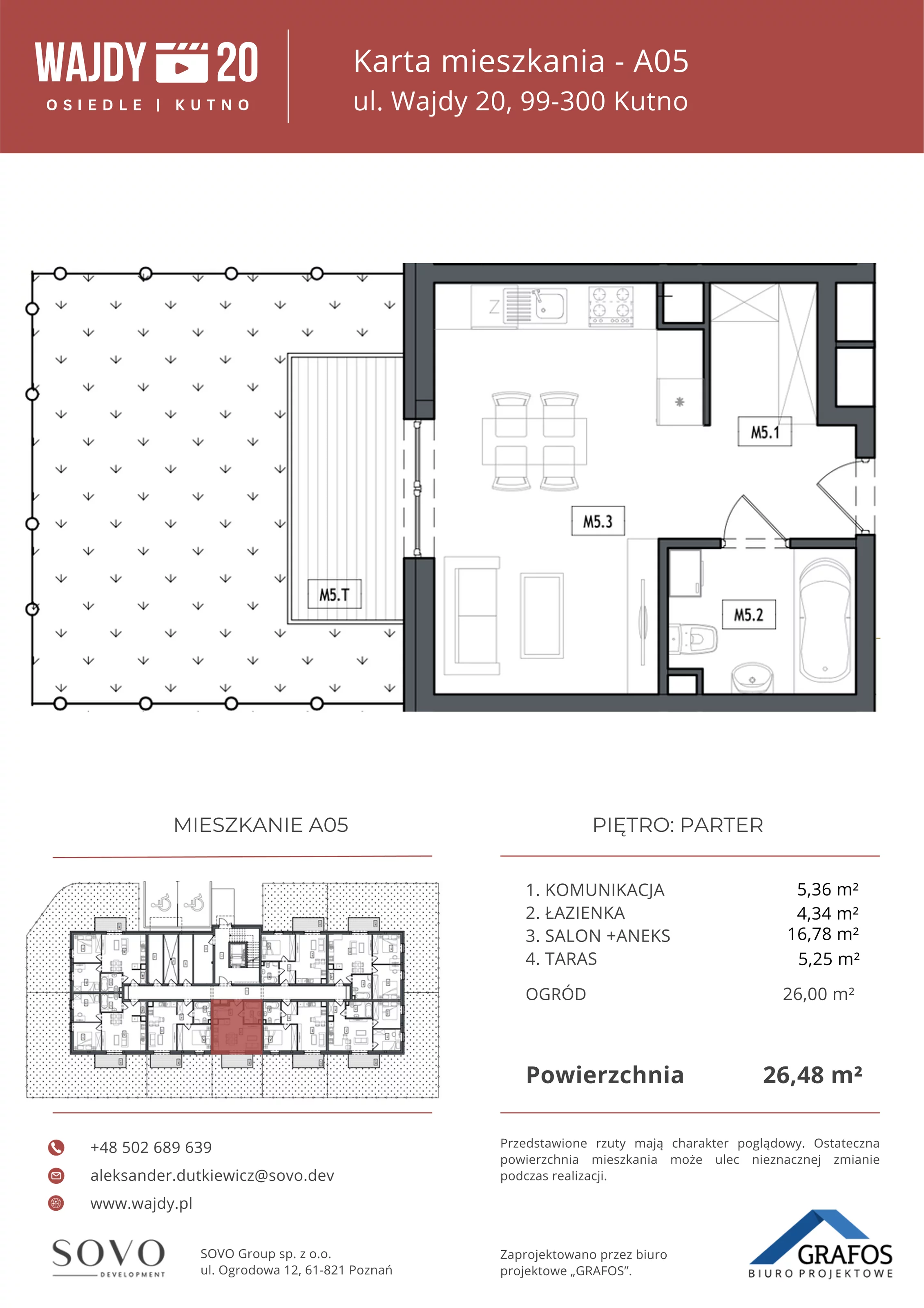 Mieszkanie 26,48 m², parter, oferta nr A05, Osiedle Wajdy 20, Kutno, ul. Andrzeja Wajdy 20