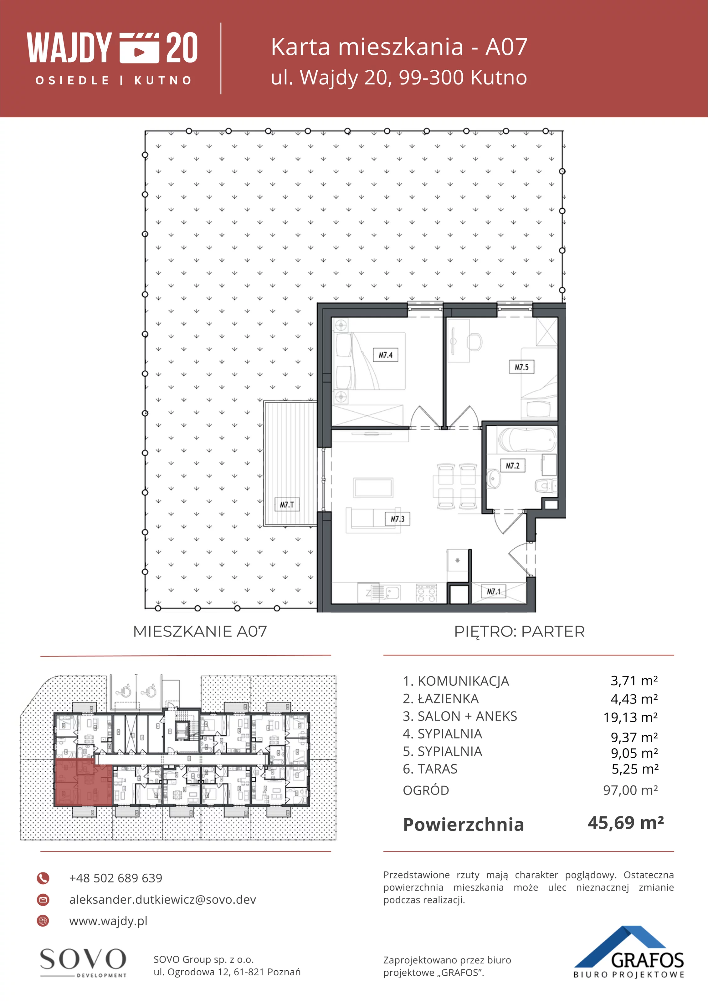 3 pokoje, mieszkanie 45,69 m², parter, oferta nr A07, Osiedle Wajdy 20, Kutno, ul. Andrzeja Wajdy 20