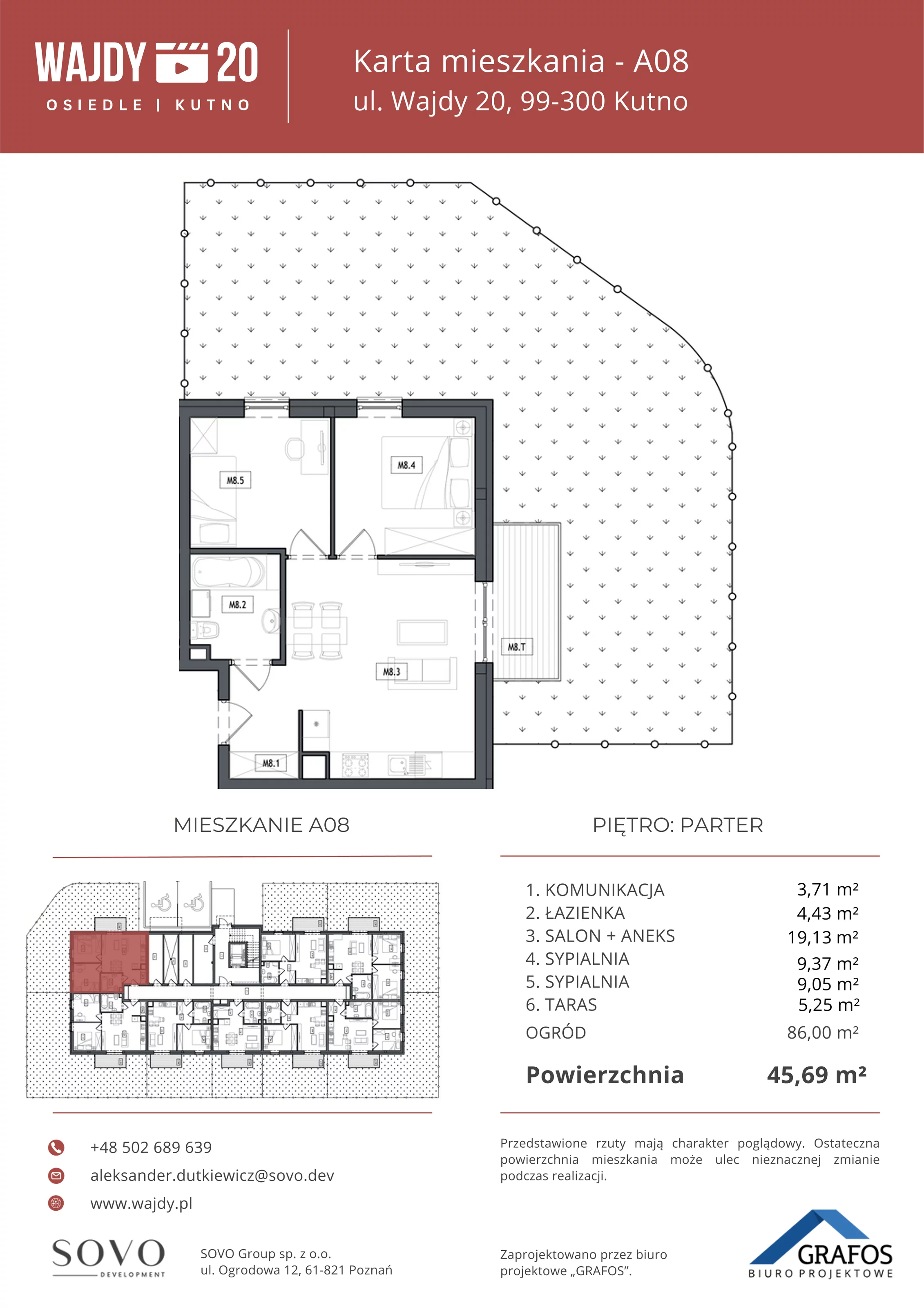 3 pokoje, mieszkanie 45,69 m², parter, oferta nr A08, Osiedle Wajdy 20, Kutno, ul. Andrzeja Wajdy 20