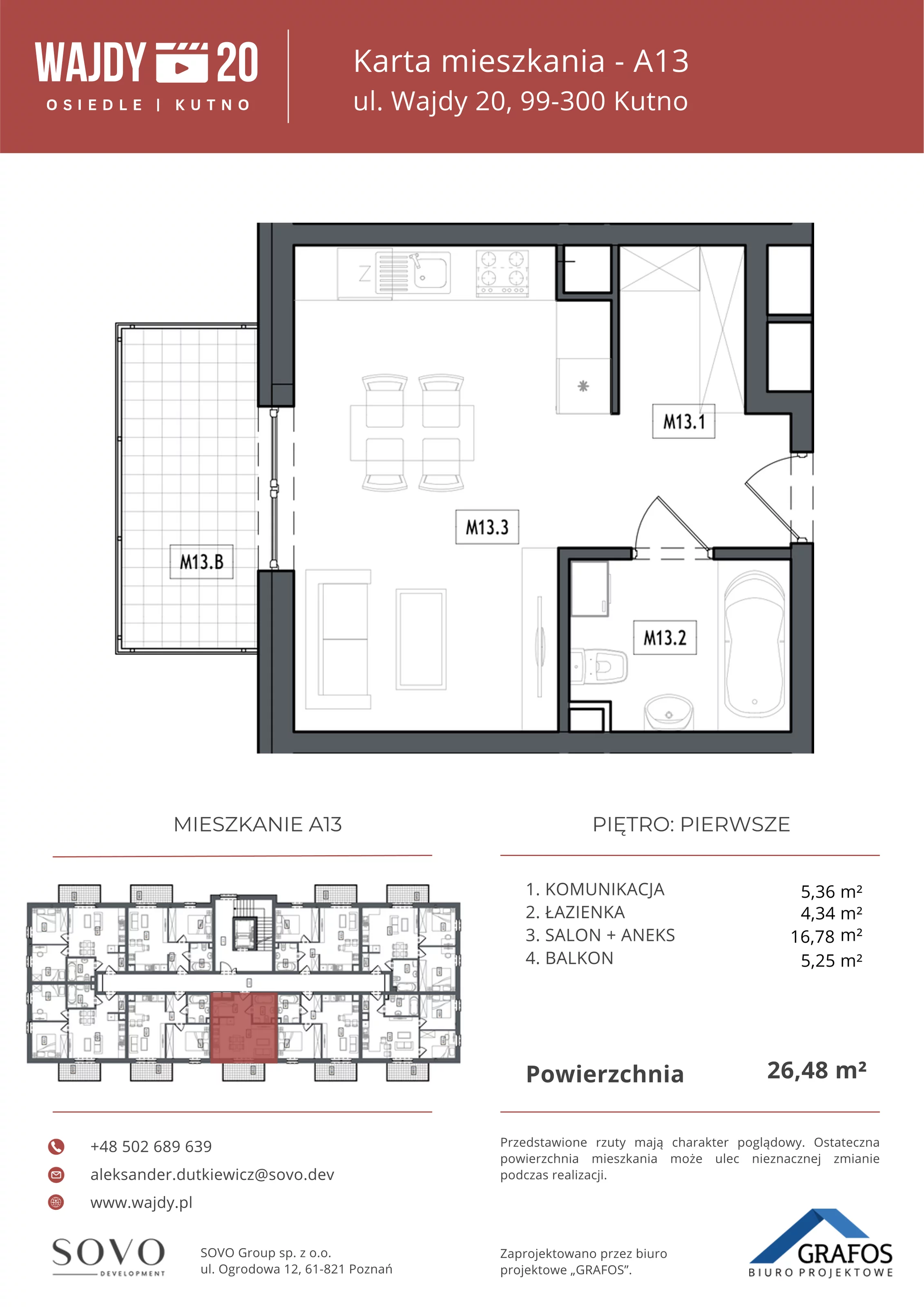 Mieszkanie 26,48 m², piętro 1, oferta nr A13, Osiedle Wajdy 20, Kutno, ul. Andrzeja Wajdy 20