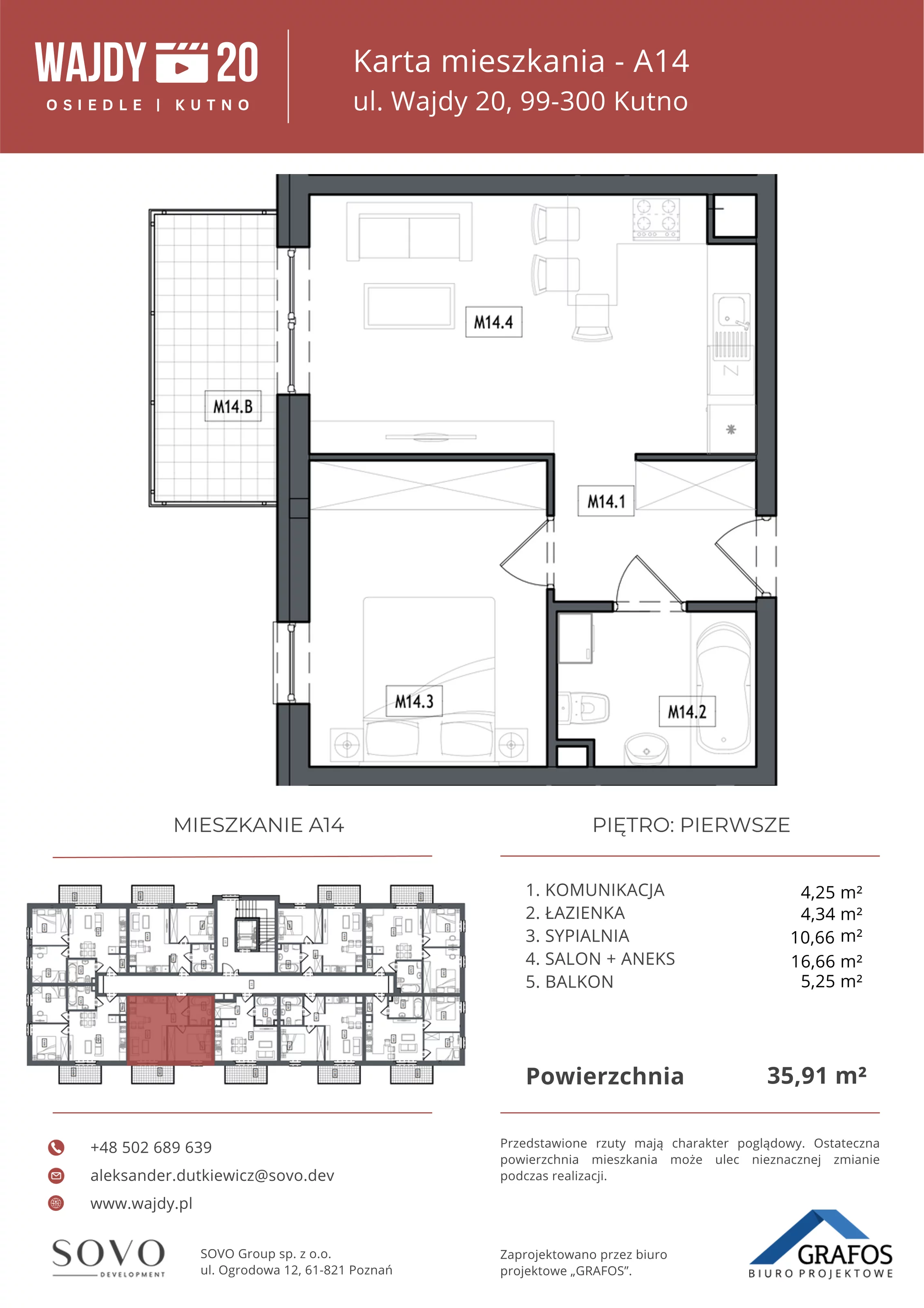 Mieszkanie 35,91 m², piętro 1, oferta nr A14, Osiedle Wajdy 20, Kutno, ul. Andrzeja Wajdy 20